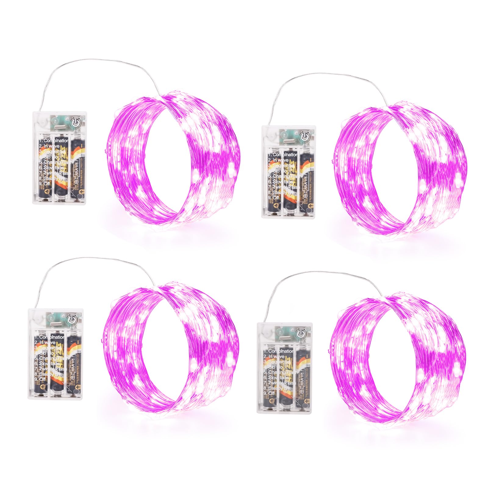 SINAMER Pink Fairy Lights Battery Operated (Included), 8 Modes & Auto Timer, 4 Packs 5m 50Led Mini Twinkle Silver Wire Firefly S