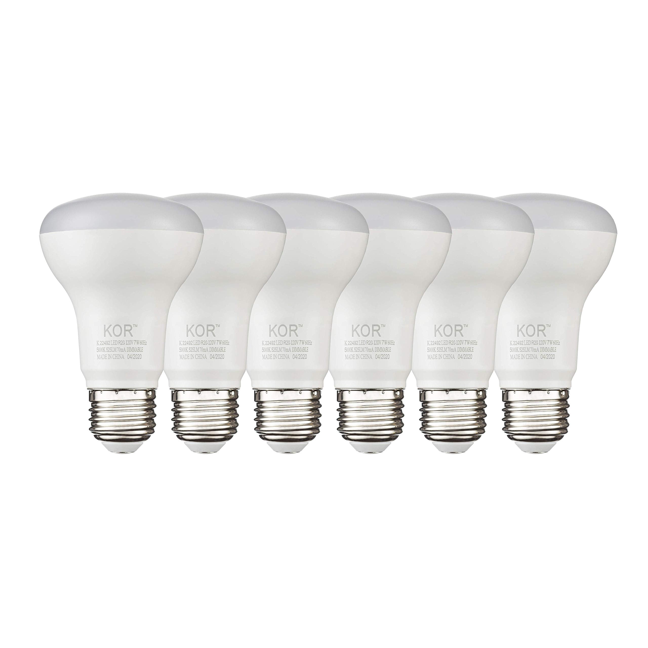 Kor (6 Pack) 7W Led R20 Reflector 5000K Bright White Light Bulb (50W Equivalent), Dimmable, 525 Lumens, Standard E26 Base, Br20 