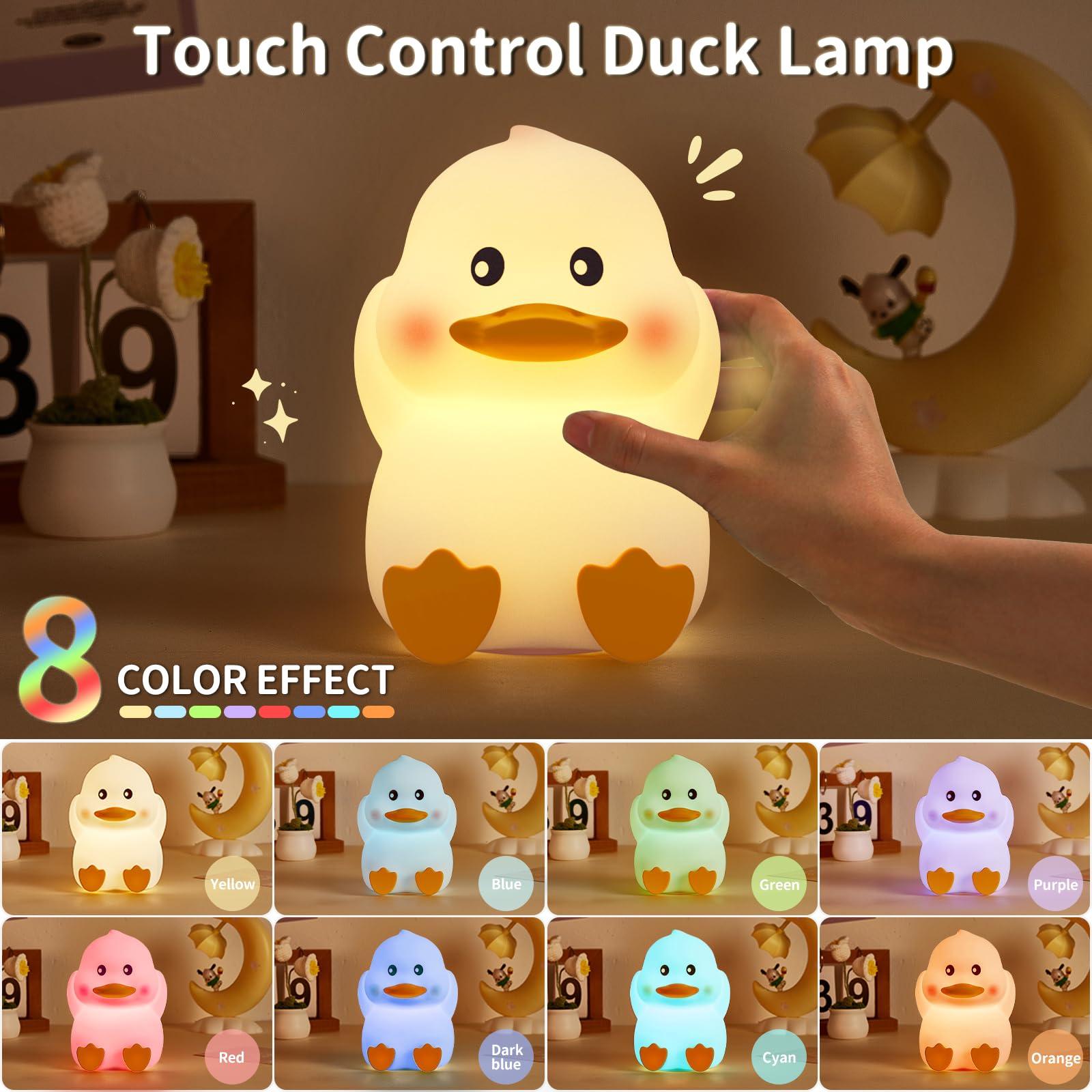 Coutundy Cute Duck Lamps, 7 Colors Dimmable Duck Light for Kids Baby Nursery, Silicone Animal LED Rechargeable Baby Night Lamp S