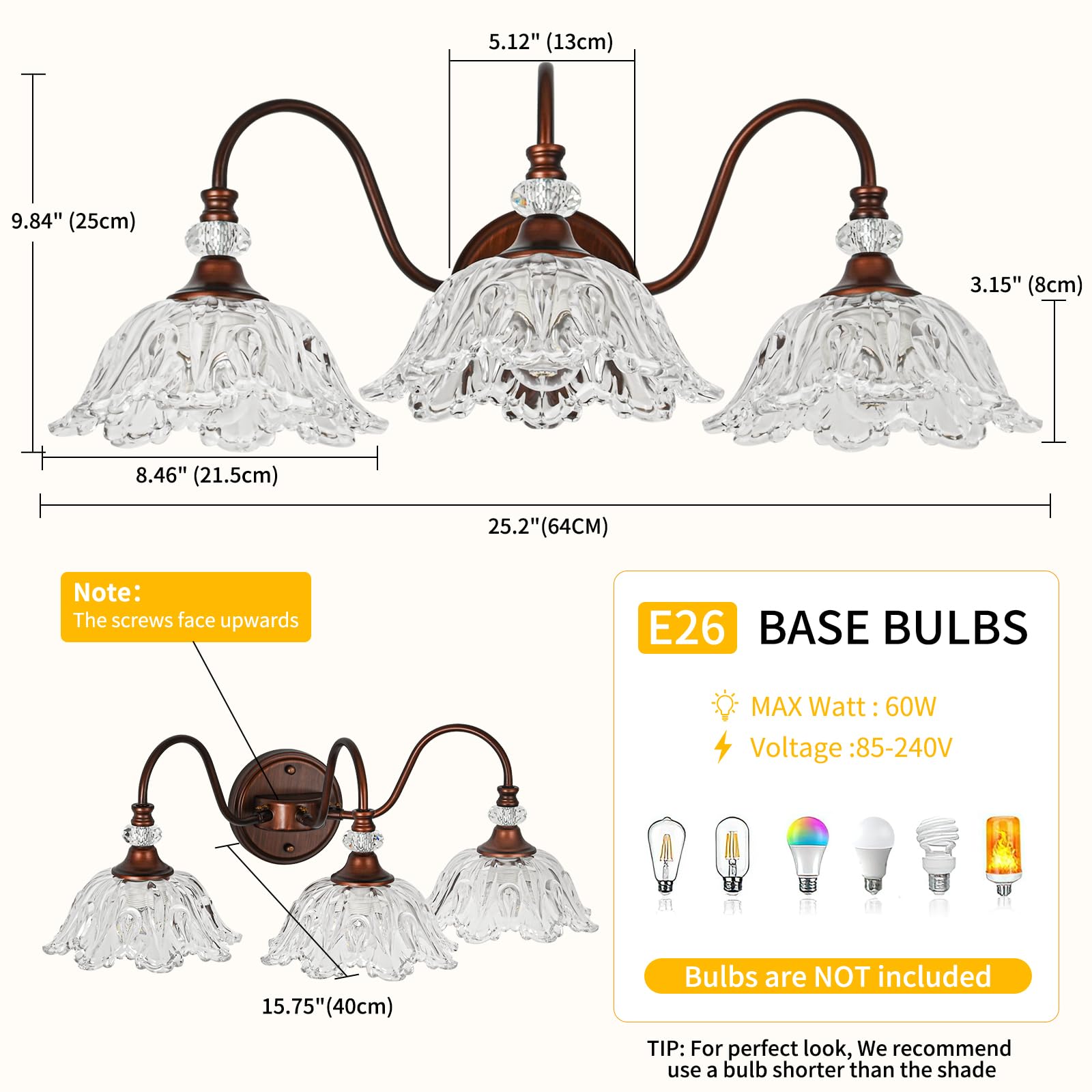 sunkryster 3-Light Vintage Bathroom Vanity Light, Oil-Rubbed Bronze with Floral Clear Glass Shades, Model Sun-104AB-3-ORB
