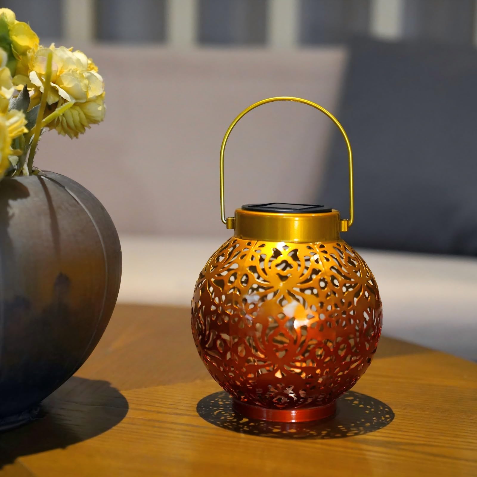 EXCMARK Solar Hanging Lantern Lights, Metal LED, Floral Design, Sunset Blaze, 2 Pack for Garden, Patio, Lawn, Table