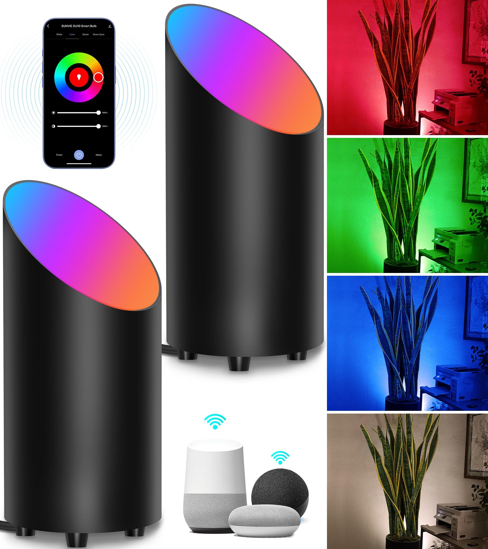 Sunvie 2 Pack Smart Floor Can Light 5W Rgbw Color Changing Uplighting Indoor Uplights 2700K-6500K Up Lights Indoor Floor Spotlight For Plant Corner Wall Artwork  App Control Alexa & Google Home  Black