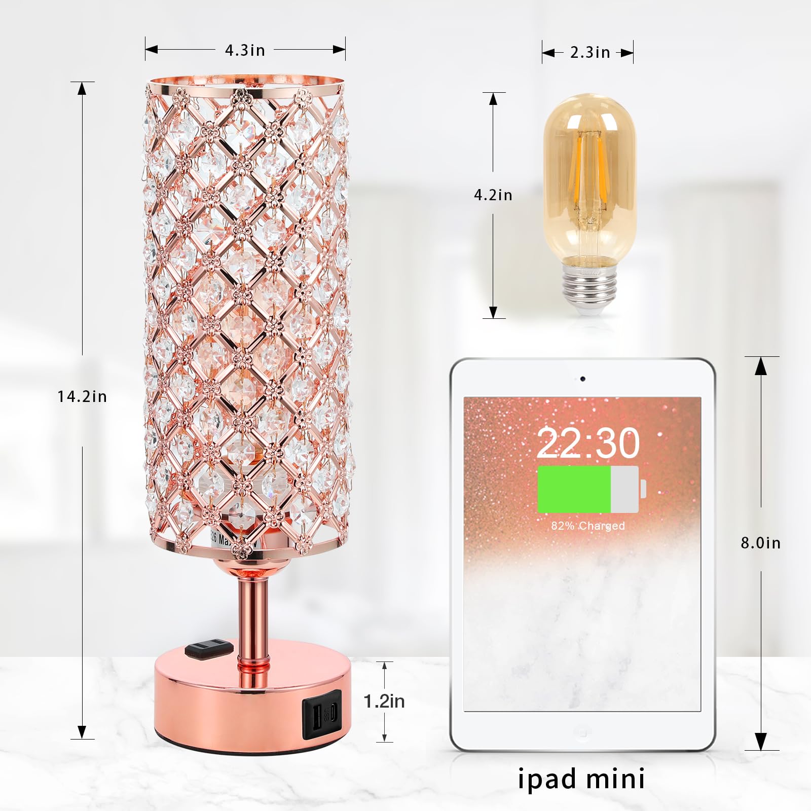 Hong-In Crystal Table Lamp, Rose Gold Bedroom Lamp With Usb C+A Ports & Ac Outlet, 3 Way Dimmable Light With Crystal Lampshade,