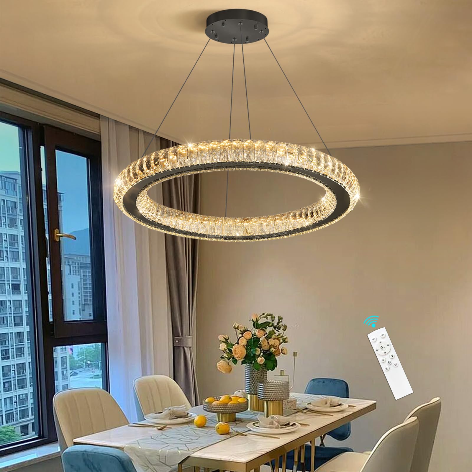 HAIXIANG LED Chandelier Modern Dimmable Dining Room Chanderliers Entryway Crystal Ring Pendant Lights for Kitchen Bedroom Living Room Black Light