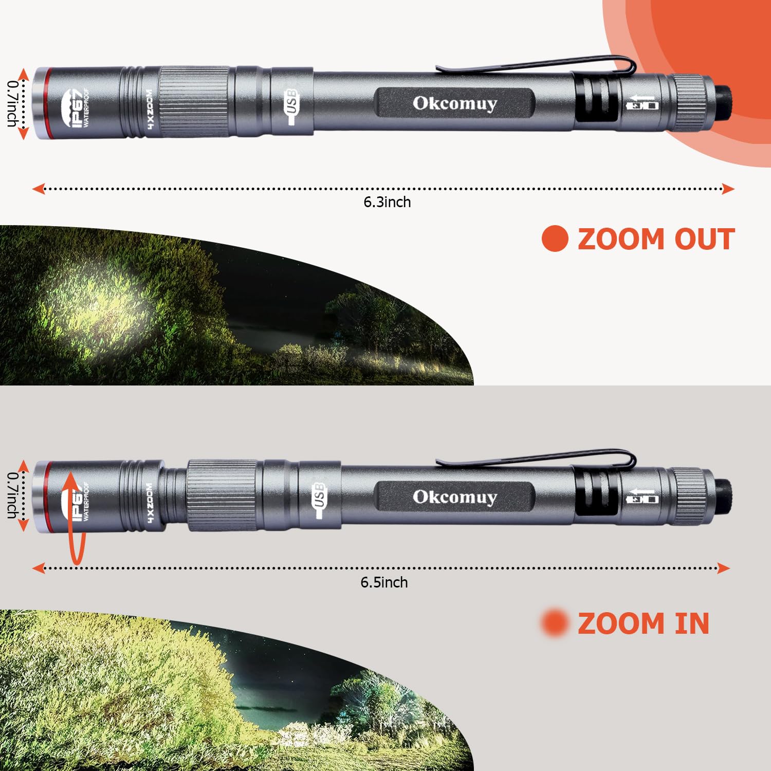 okcomuy Rechargeable Pen Light Flashlight, IP67 Waterproof, 4-Zoomable, Aluminum, Dark Grey, 1 Pack, Model PL-9266