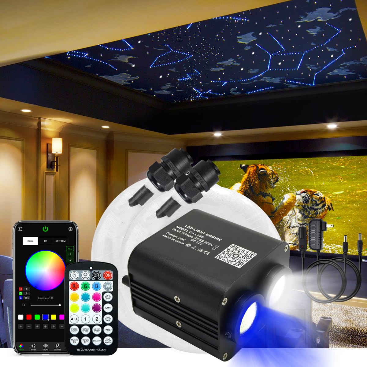 AKEPO 20W Dual-Head RGBW Fiber Optic Lights Kit, 1300pcs 0.03in 13.1ft Strands, Sound Activated, Blue/Green/Red