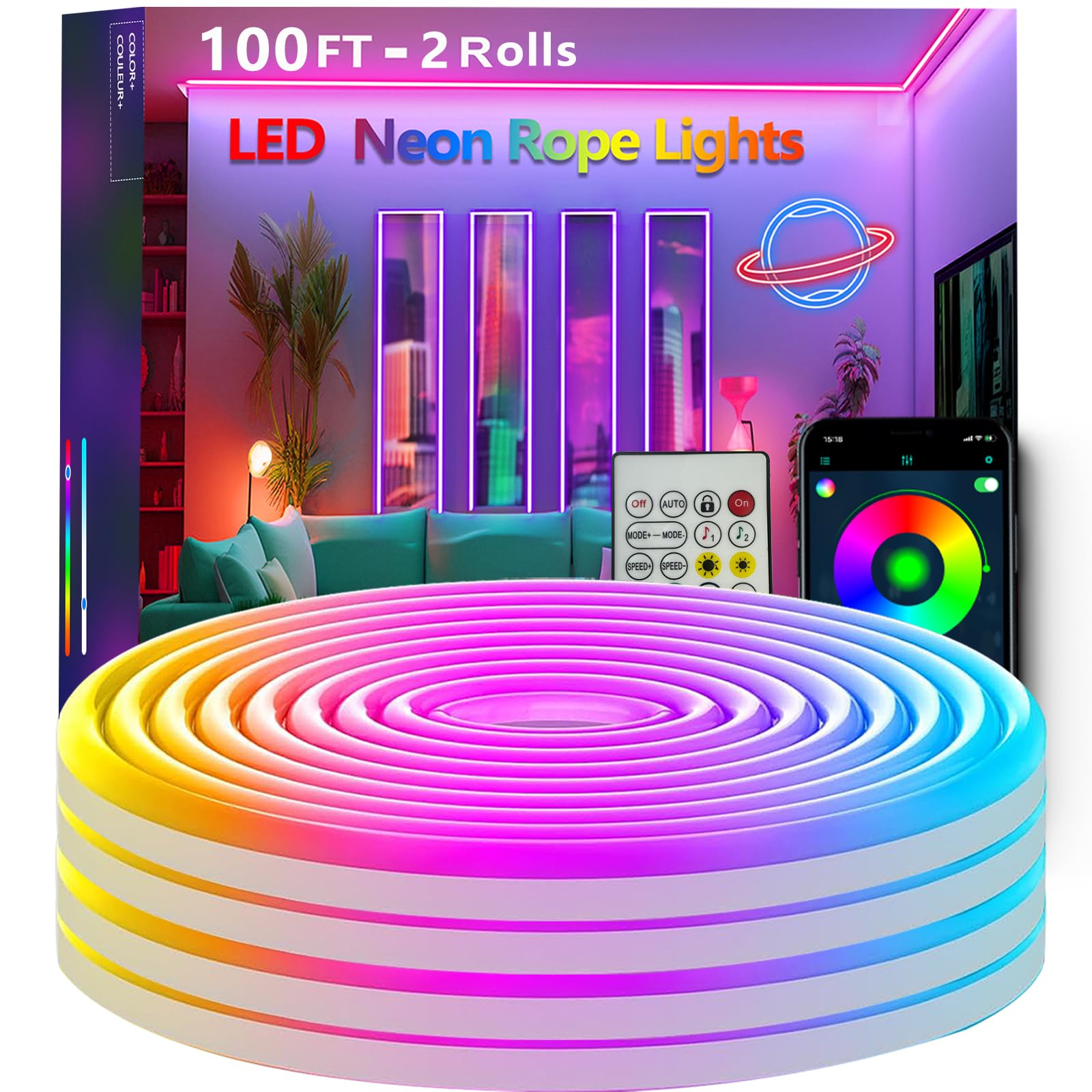 Bvokon Neon Rope Lights, 100FT (2 Rolls of 50FT), RGB LED, App/Remote Control, Waterproof, Flexible, Music Sync