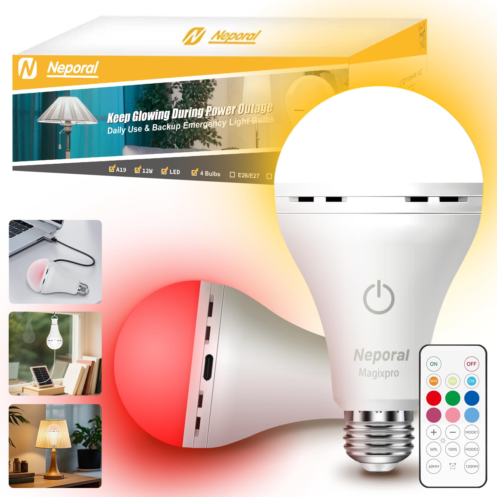 Neporal Magixpro Rgb Remote Rechargeable Light Bulbs  Dual Recharge (Usb & Socket Charging)  Color Changing Dimmable Led Bulb  No Outlet Needed  Touch + Remote Control  Non Electric Lighting  2 Pack