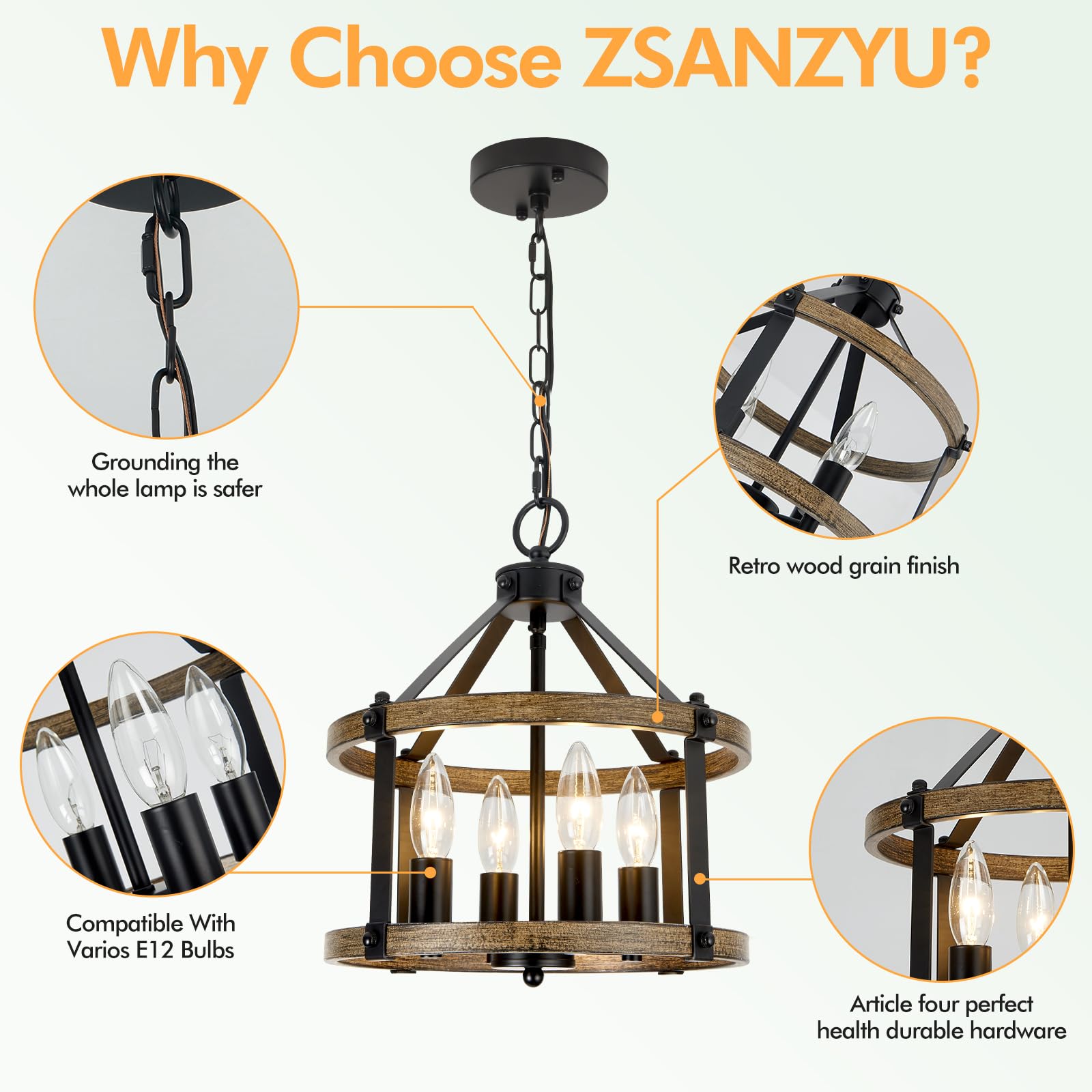 12.5'' Farmhouse Chandelier Light Fixtures, 4 Light Rustic Chandeliers, Black And Vintage Wood Finish Metal Industrial Chandelie