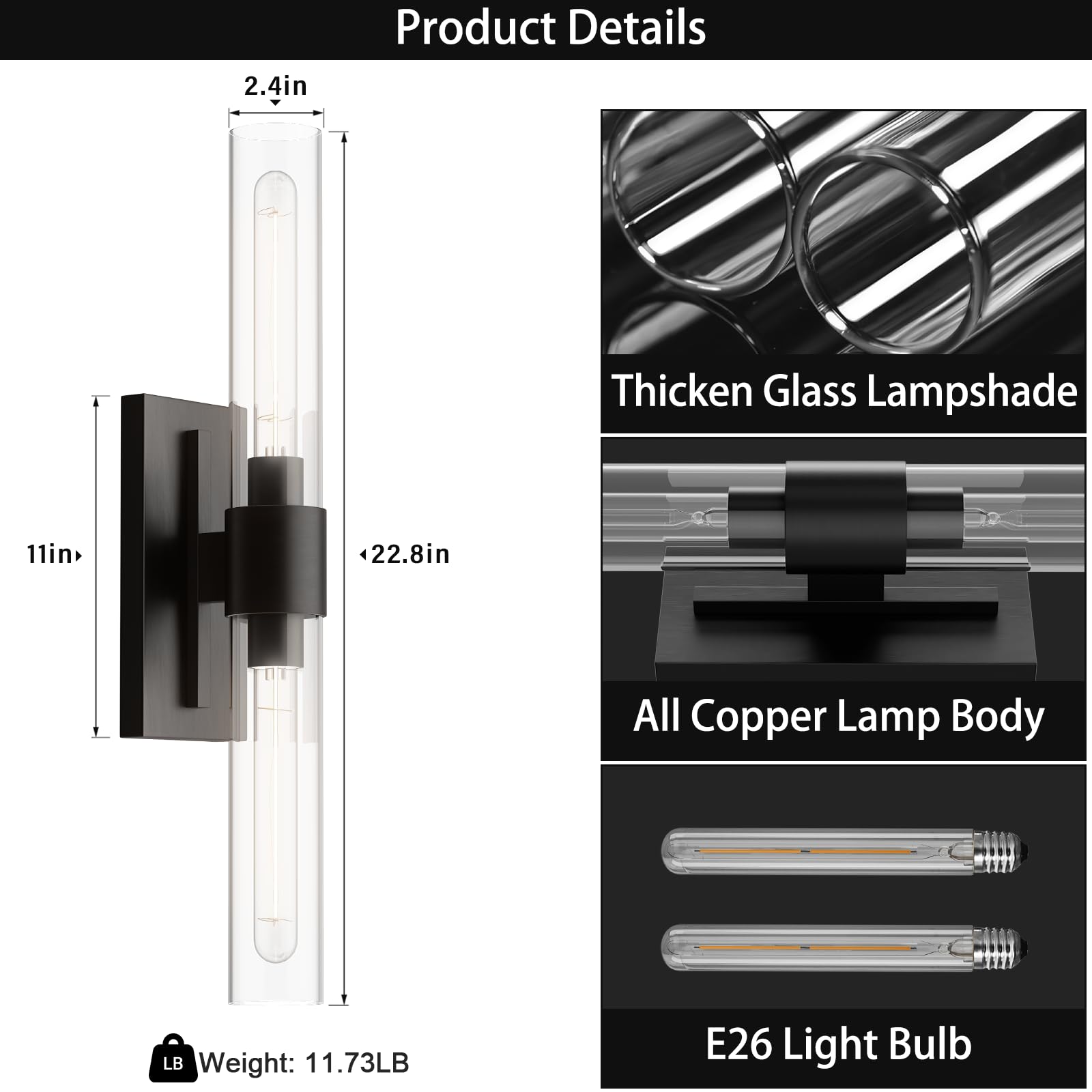 YUEXPAND Wall Sconces Set of Two, Brass, 22.8in with Clear Glass Shade, Black, Bathroom Lighting