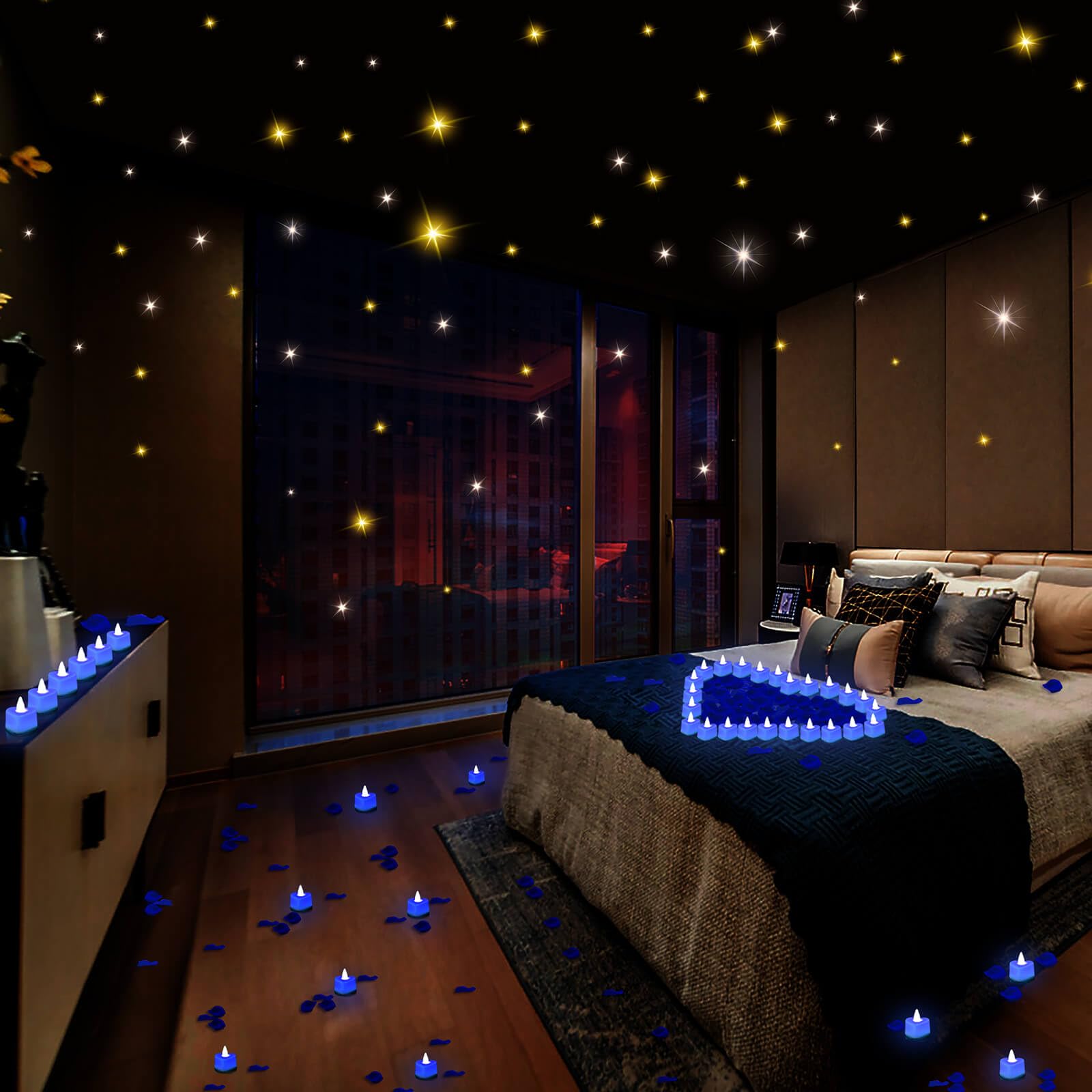 Caffox 3000Pcs Rose Petals With 36Pcs Led Tea Lights Candles, Rose Petals And Candles Set For Romantic Night, Romantic Decorations For Special Night, Valentine'S Day, Wedding, Anniversary(Blue)