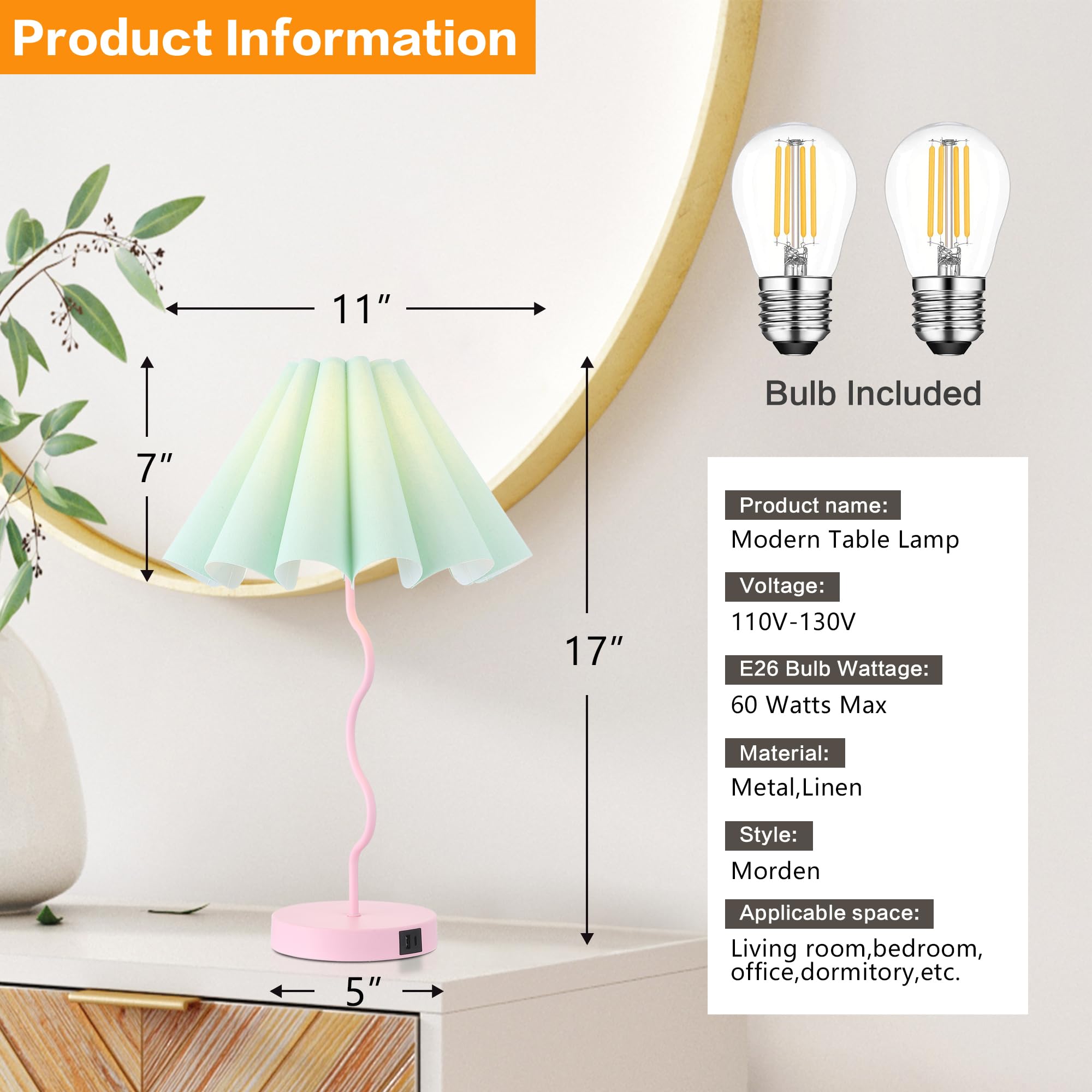 EOEYYOYB Pleated Table Lamp, Linen Lampshade, Modern Design, Pink, Model 2097