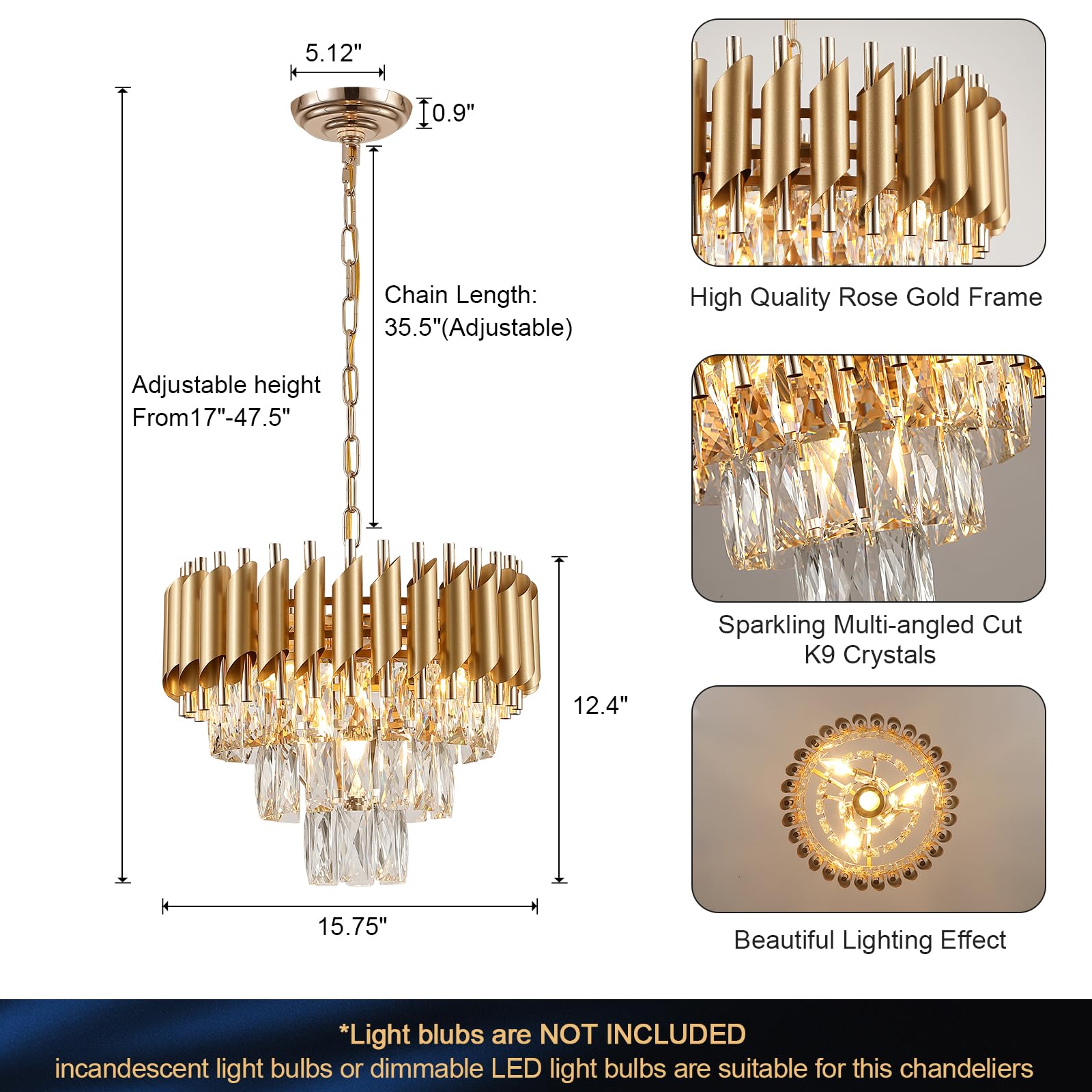 A AXILIXI Gold Crystal Chandelier 16” Modern 3-Tier Dimmable Flush Mount Light Fixture for Dining Room, Living Room, Kitchen, Model 8801