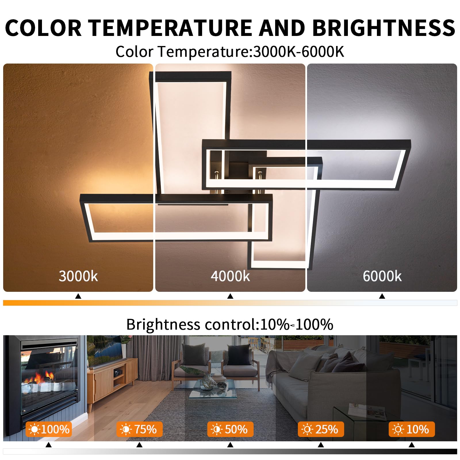 Shine Luest Modern Led Ceiling Lights For Bedroom 26'' Dimmable Square Ceiling Lights For Living Room With Remote Control Black