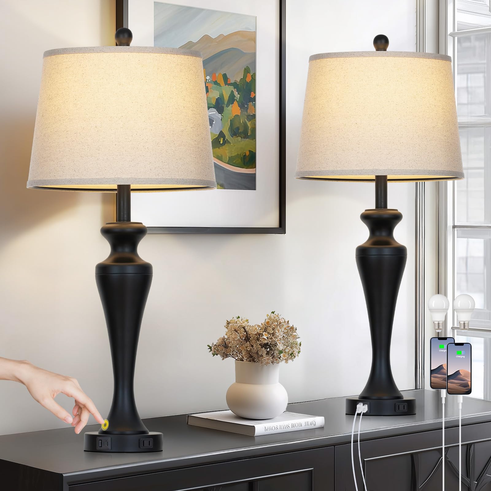 Ruzectt 30 Table Lamps Set of 2  3-Way Dimmable Touch Bedside Lamp with USB A+C Ports and AC Outlet  Tall Living Room Lamps for Side Table  Modern Bedroom Lamp for Nightstand  Black