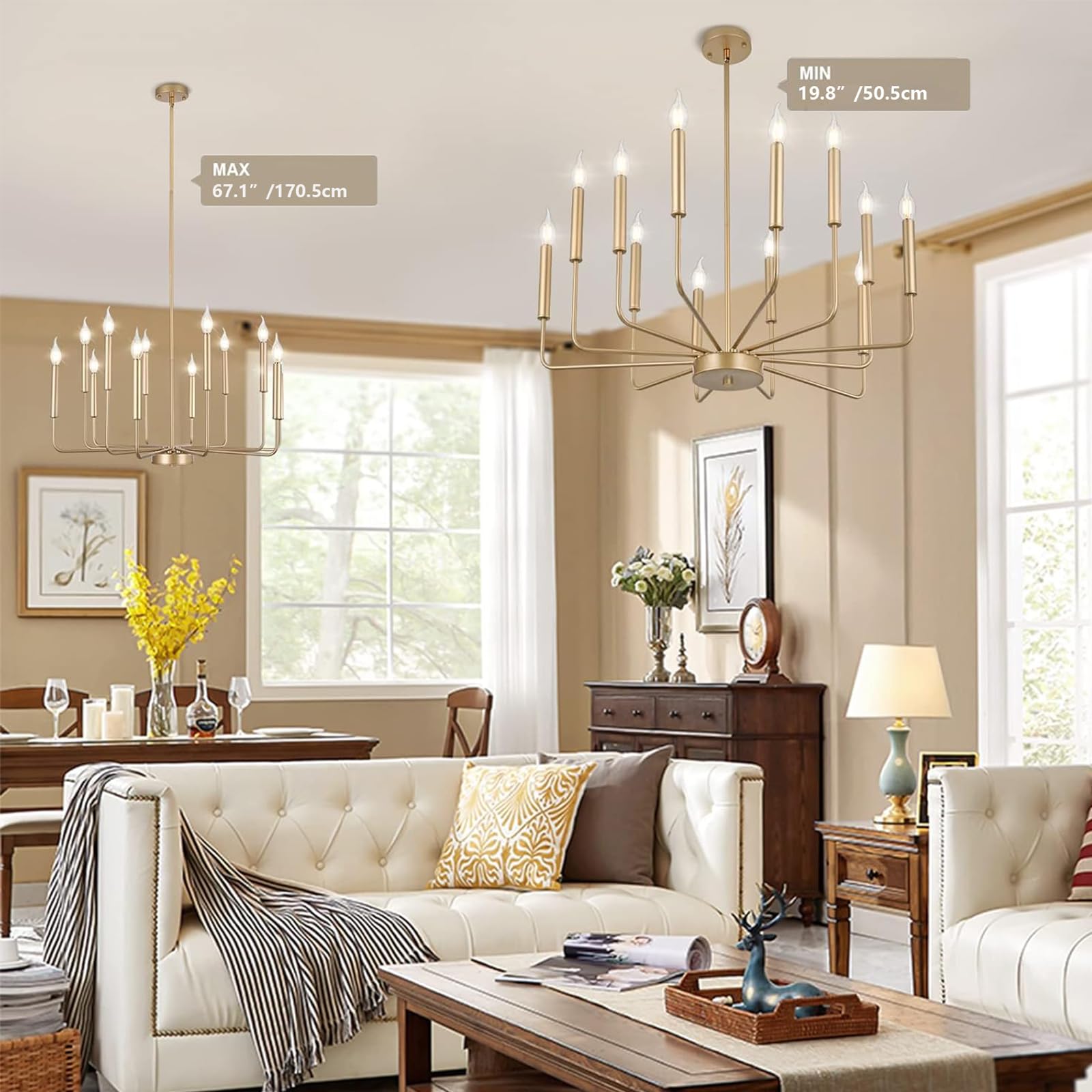 Woknos Modern Gold Farmhouse Chandeliers, 12-Light Industrial Metal Chandelier Lighting, Classic Candle Hanging Pendant Light Fi