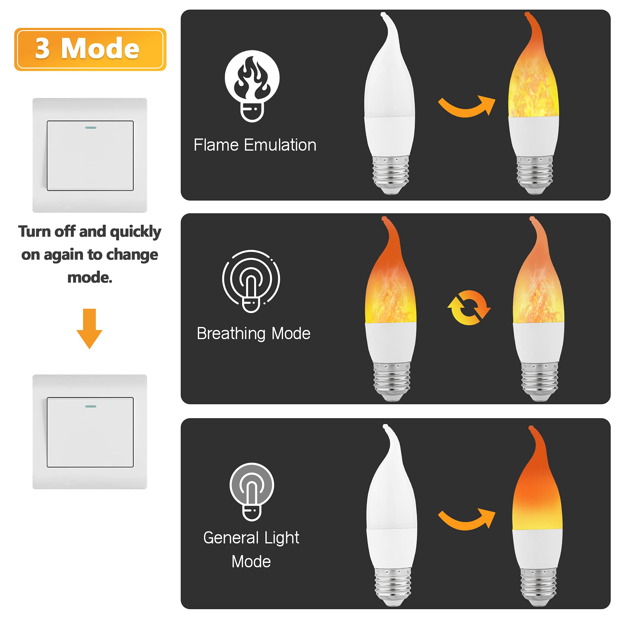 Lpraer E26 LED Flame Effect Light Bulbs, Warm White, 6 Pack, Flickering Mode, Polycarbonate, Model IIUS00412
