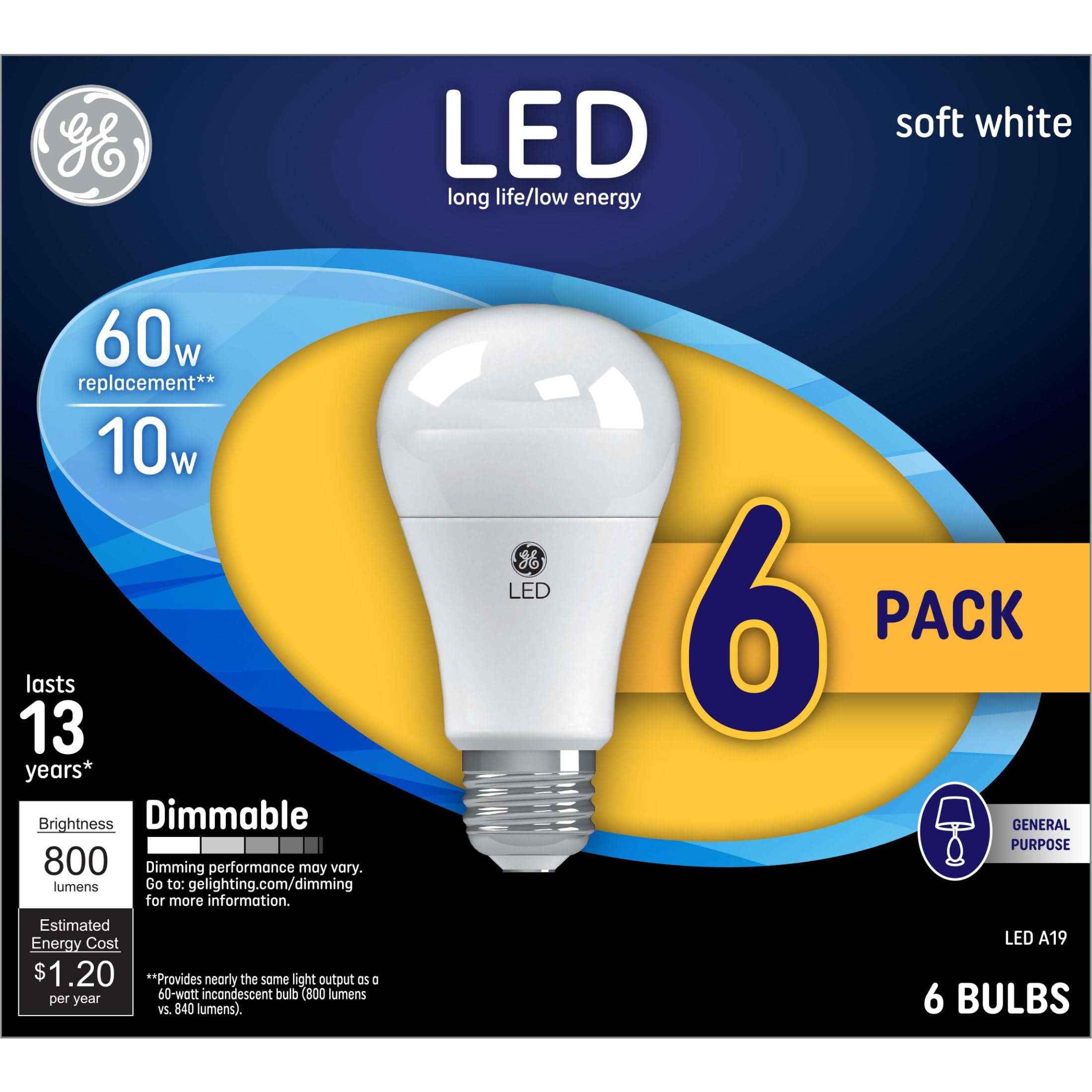 Ge Led Light Bulbs, 60 Watt, Soft White, A19 (6 Pack)