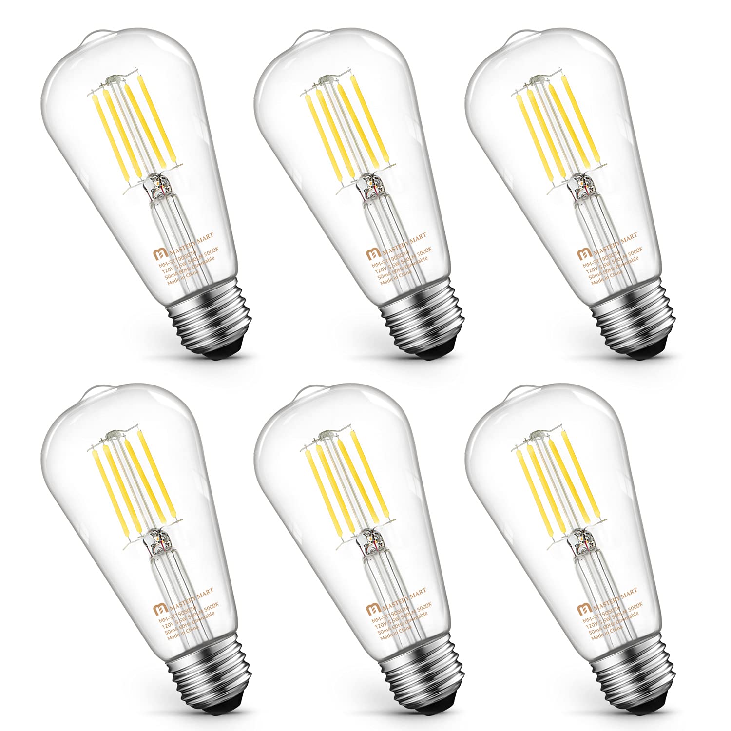 MASTERY MART 6 Pack Vintage Edison Bulbs, E26 Led Bulb 5.5W Equivalent to 60W, Dimmable, 5000K Daylight White, High Brightness A