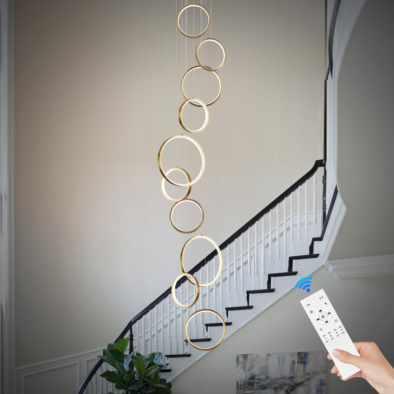 Benkut High Ceiling Chandelier 10 Ring LED Foyer Light 98.5in Gold Aluminum Model: Benkut-10RingsGold