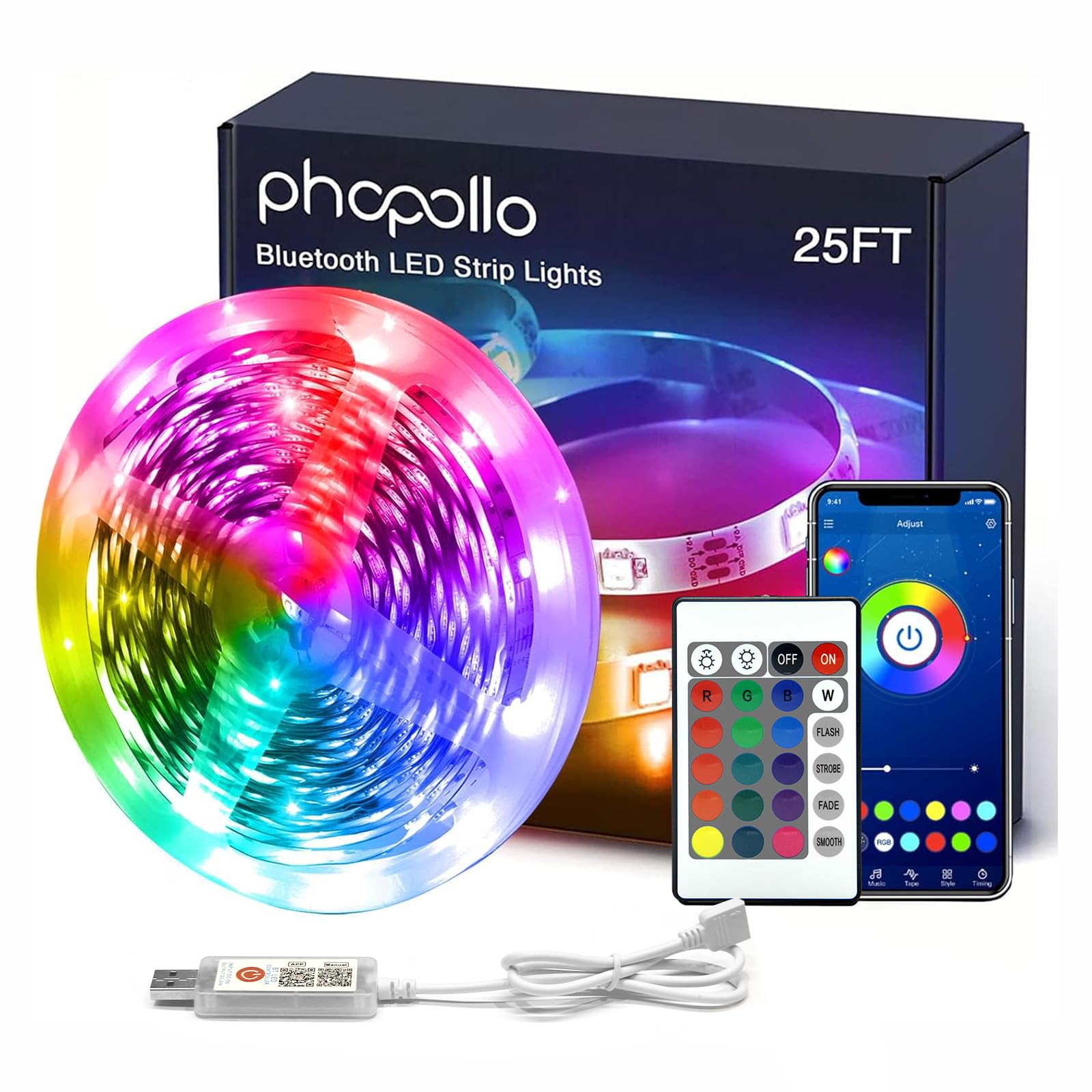 Phopollo 25Ft Led Strip Light With Remote & App, Music Sync, Multicolor, Flexible 24V Lights For Bedroom & Party, Model Phbl2501Rgb53Us