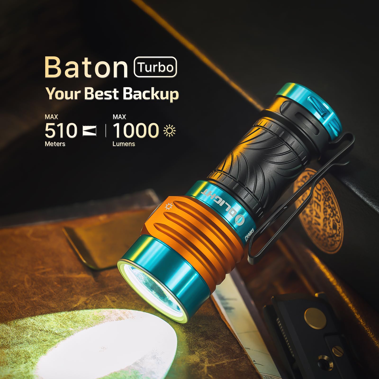 OLIGHT BatonTurbo Flashlight, 1000 Lumens, Compact LED, 510m Throw, Aluminum, Roadster Color, Model BATONTURBO-RD-300000