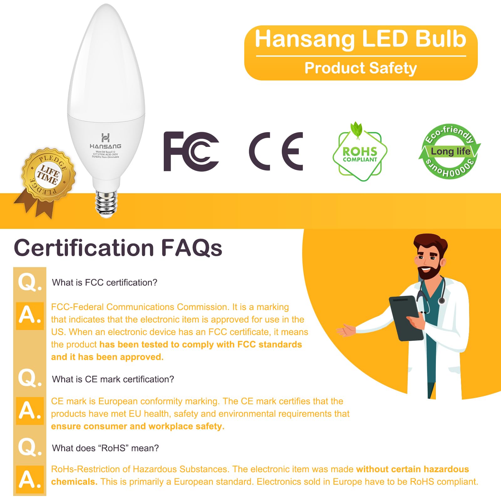 hansang E12 Candelabra LED Bulbs, 5W, 2700K Warm White, 500LM, Non-Dimmable, 4 Pack, Type B for Chandelier