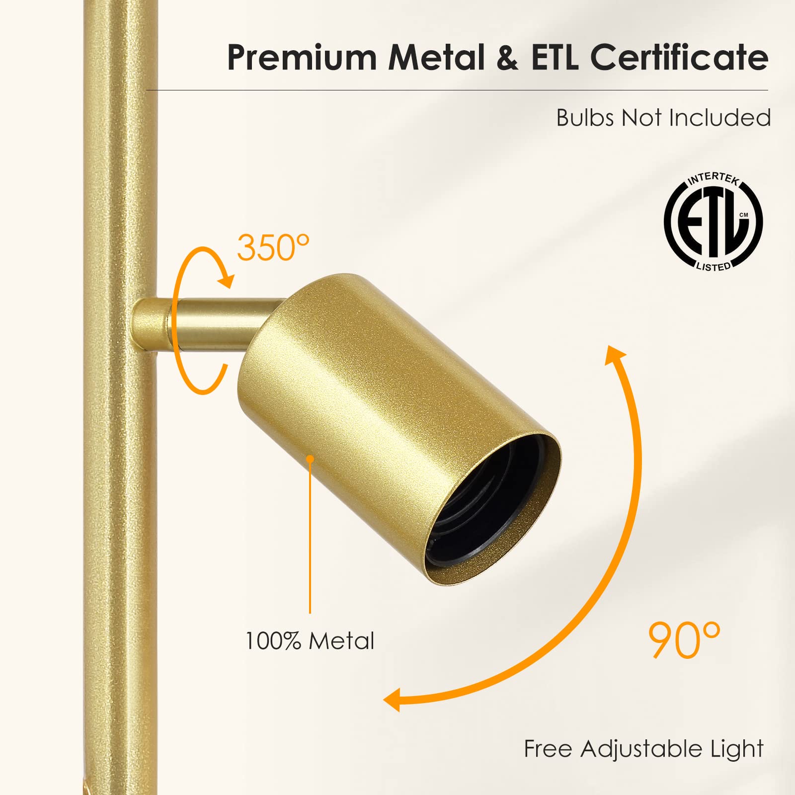 Boostarea Tree Floor Lamp, Brass Gold Industrial Floor Lamp, Modern Standing Lamp With Adjustable 3 Light, E26 Socket, Rotary Sw