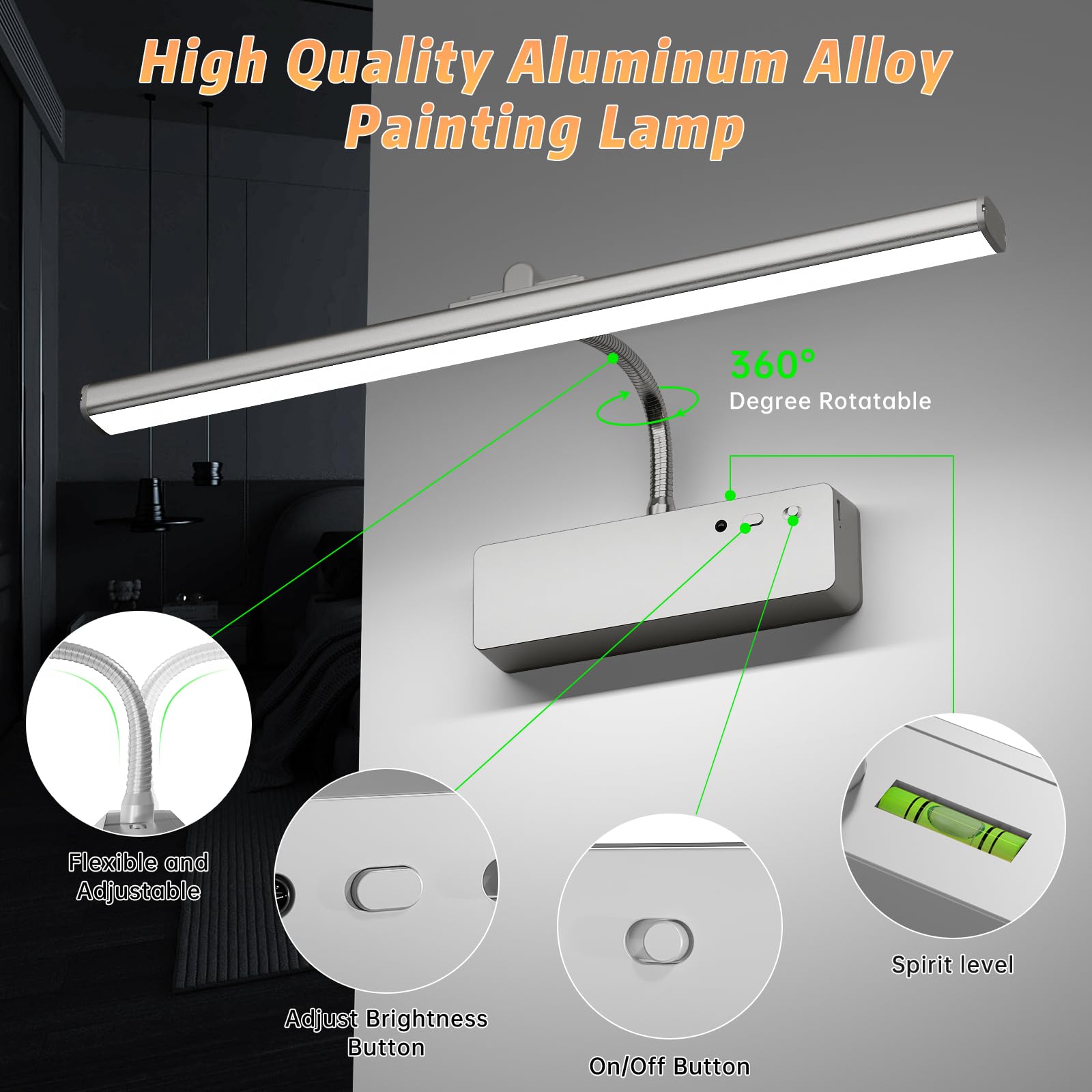 Picture Light With Remote, 15.35Inch Wireless Rechargeable Battery Wall Light For Paintings, 3 Colors Paintings Light Dimmable &Timer Metal Art Light For Display, Wall, Artwork, Gallery (Silver)