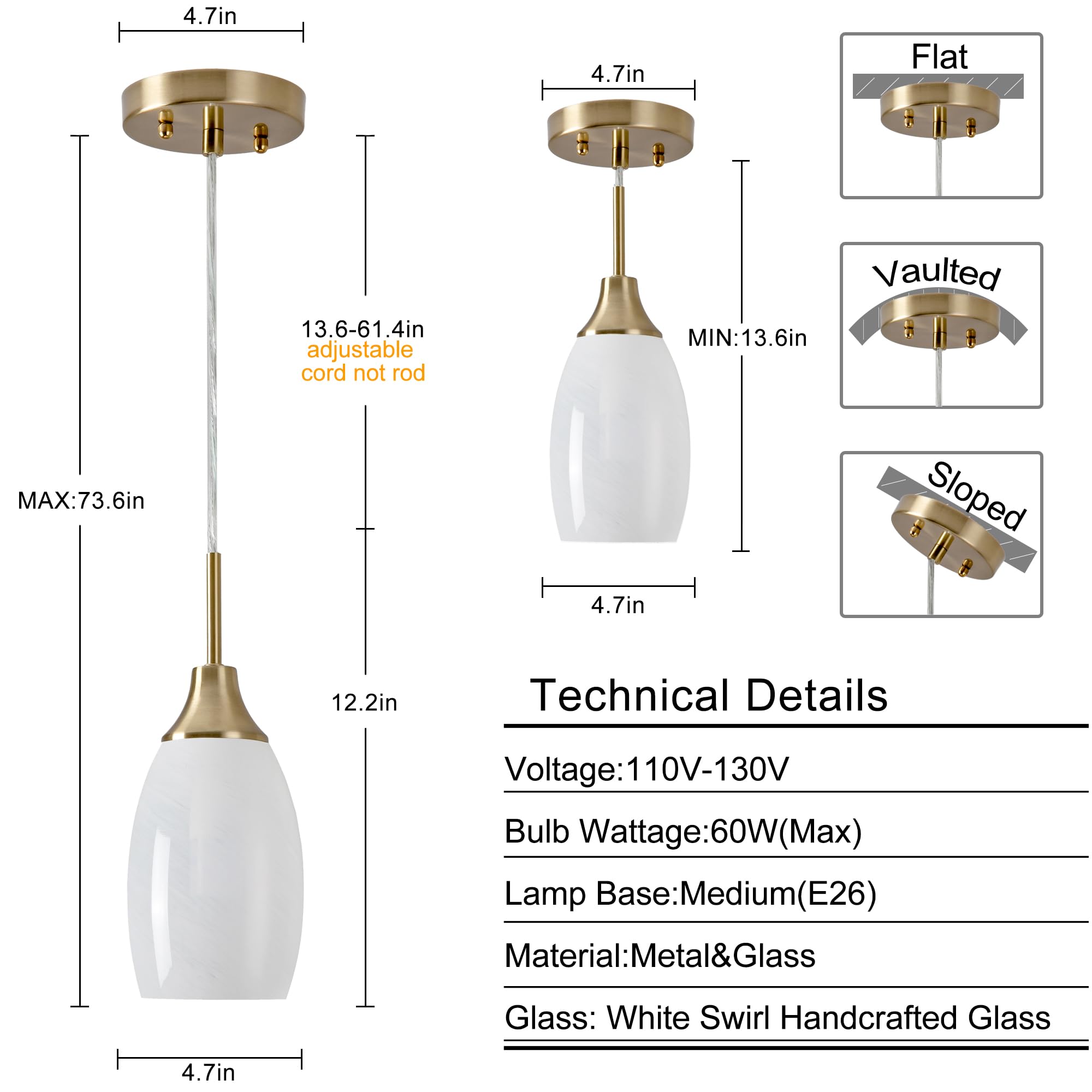 Viinew Mini Glass Pendant Light, Handblown White Swirl Art Glass, Gold, 4.72in, Model WY G1, 1-Pack, Ceiling Fixture for Dining Room