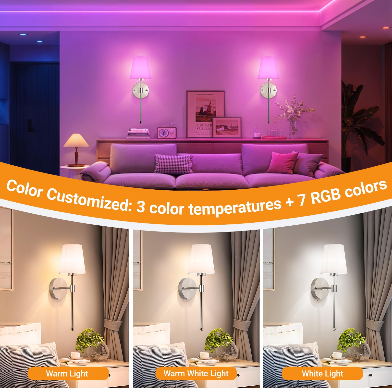 Nekhung Battery Operated Wall Sconces Set of 2, Wireless RGB Rechargeable Light, Nickel, 20-inch, Remote Control, No Electrician Needed