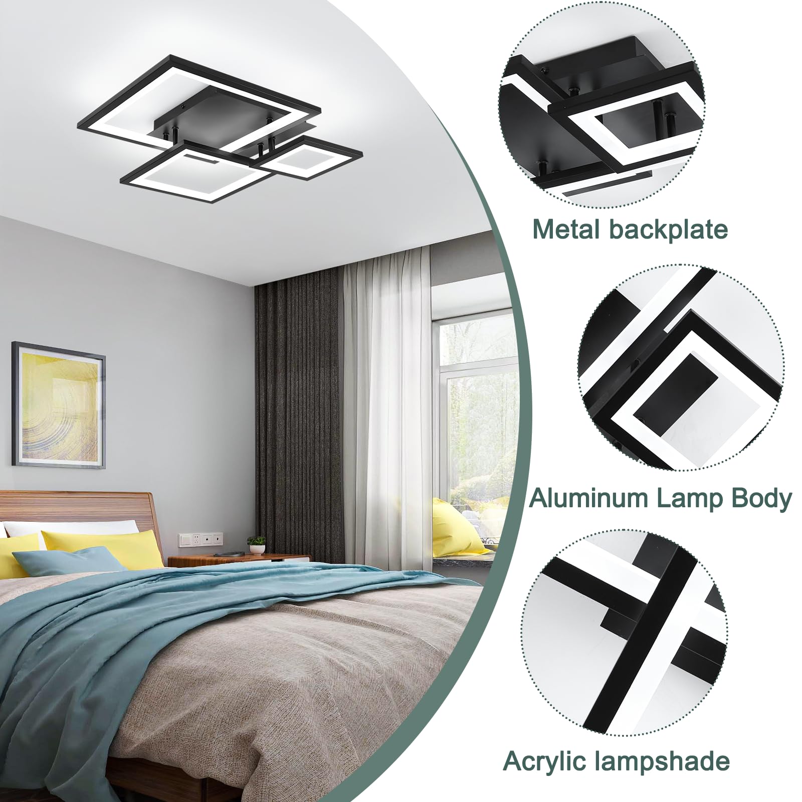 Hlilceh Modern Black Led Ceiling Light 3-Square Design 3000K-6500K Dimmable Led Ceiling Light With Remote 33W Acrylic Ceiling Li