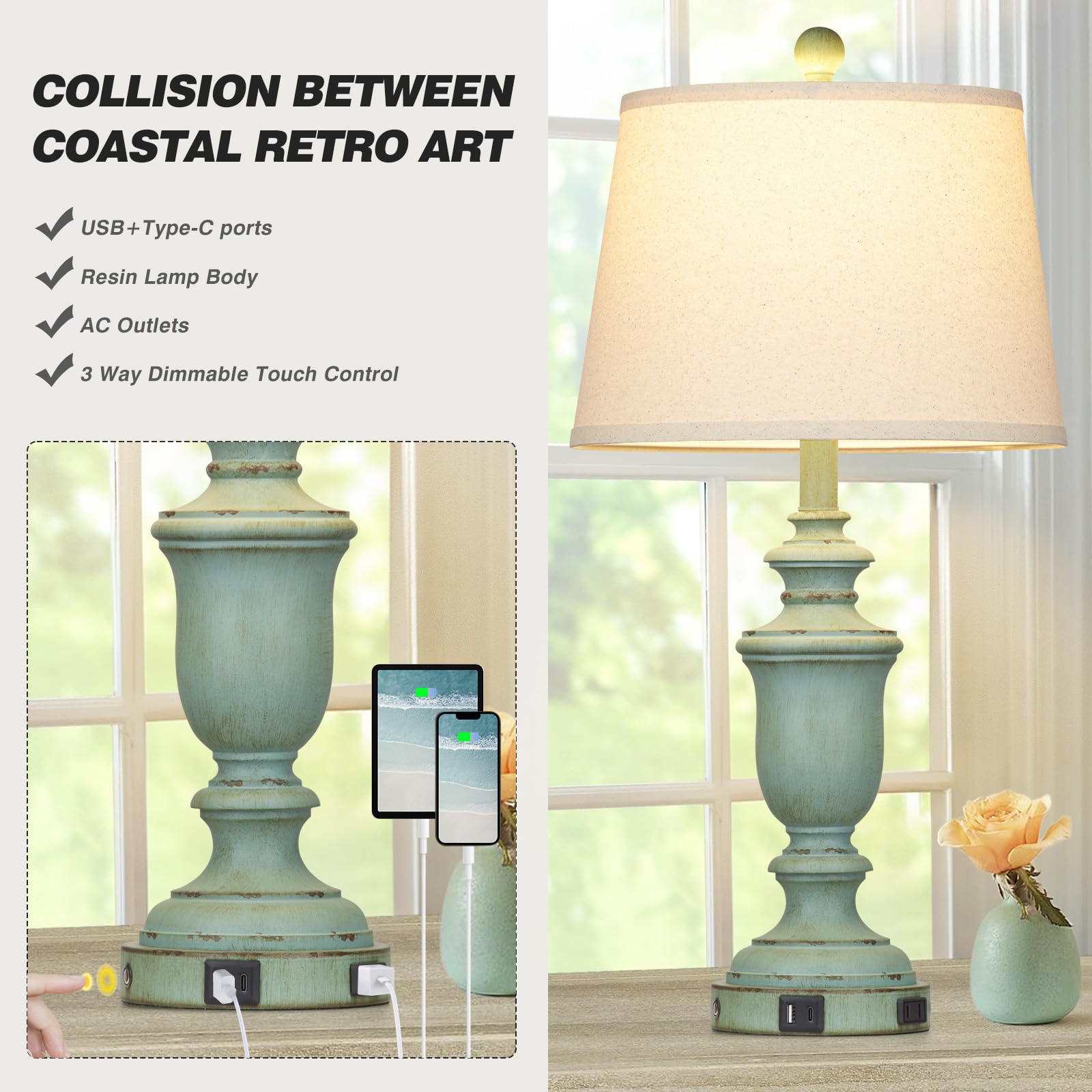 Cinkeda 25.6'' Farmhouse Table Lamps Set Of 2 With Usb C+A Ports & Ac Outlet For Rustic Living Room Retro Bedroom,3-Way Dimmable