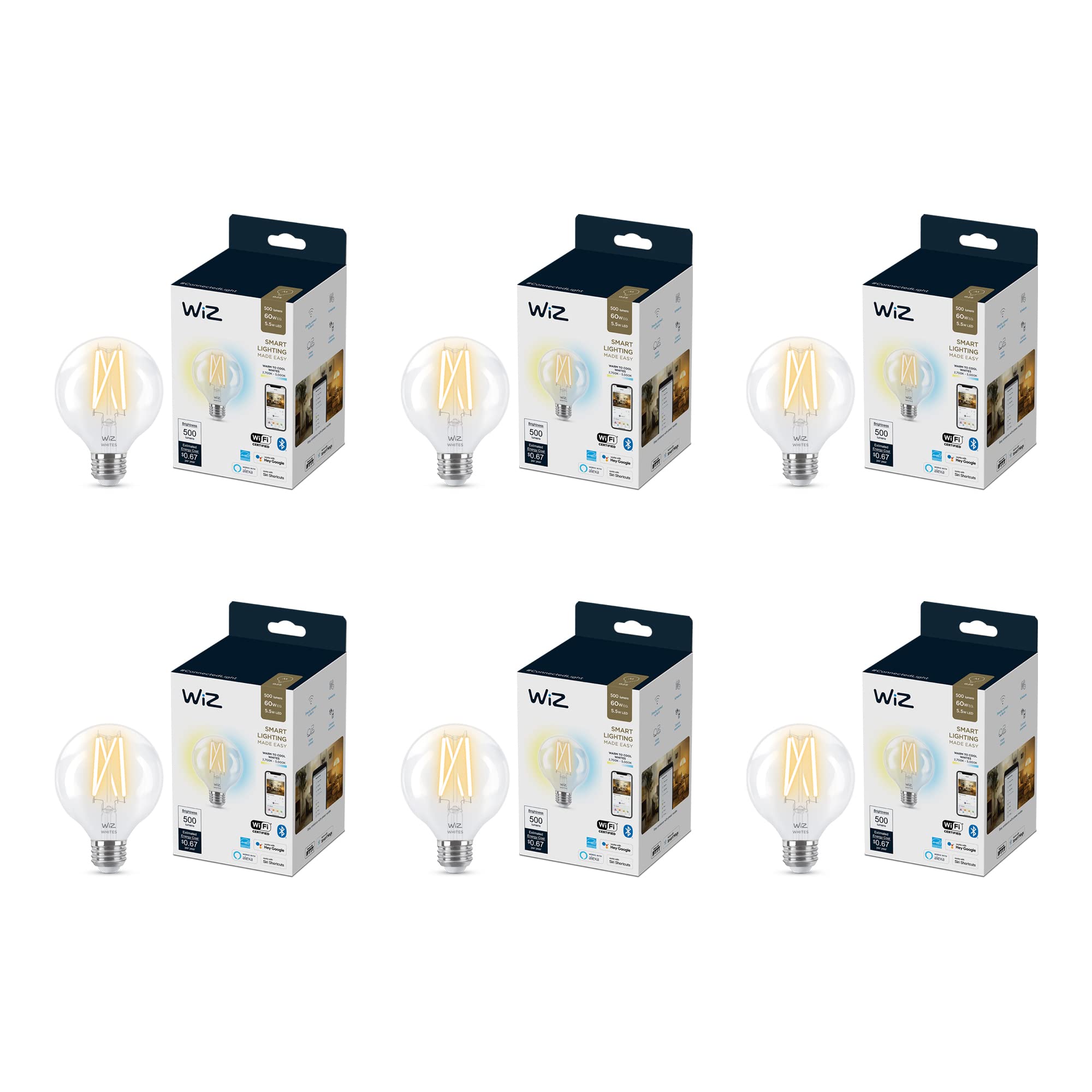 Wiz Clear 60W G25 Tunable White Led Smart Bulb - 6 Pack, Voice/App Control, Wi-Fi, Motion
