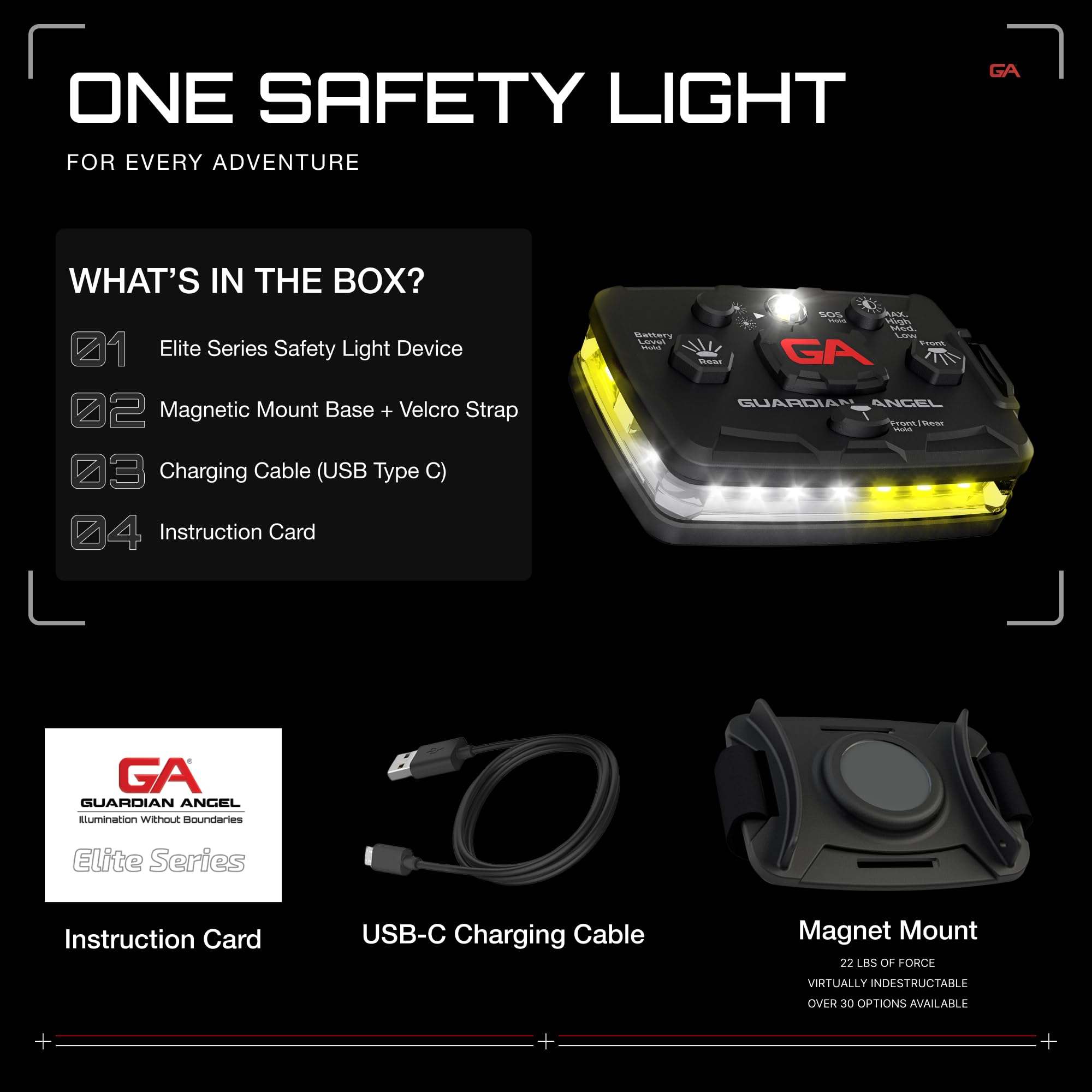 Guardian Angel Elite Series Safety Light - White/Yellow Front & White/Yellow Rear - Rechargeable, Magnetic, Hands-Free Wearable