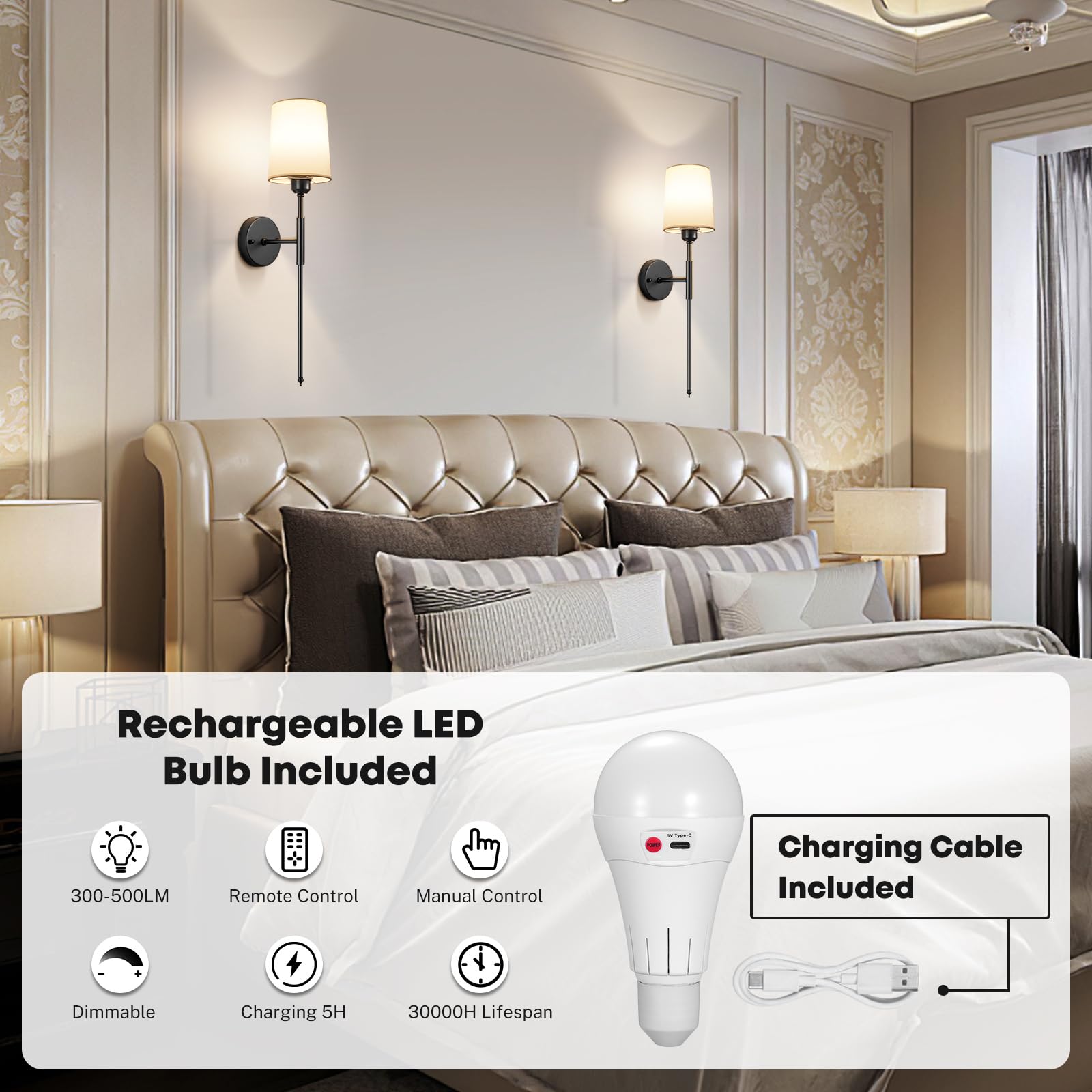 NookNova Battery Operated Wall Sconce Set of 2, Battery Powered Wall Sconces Rechargeable Wall Lights with Remote Dimmable Wall