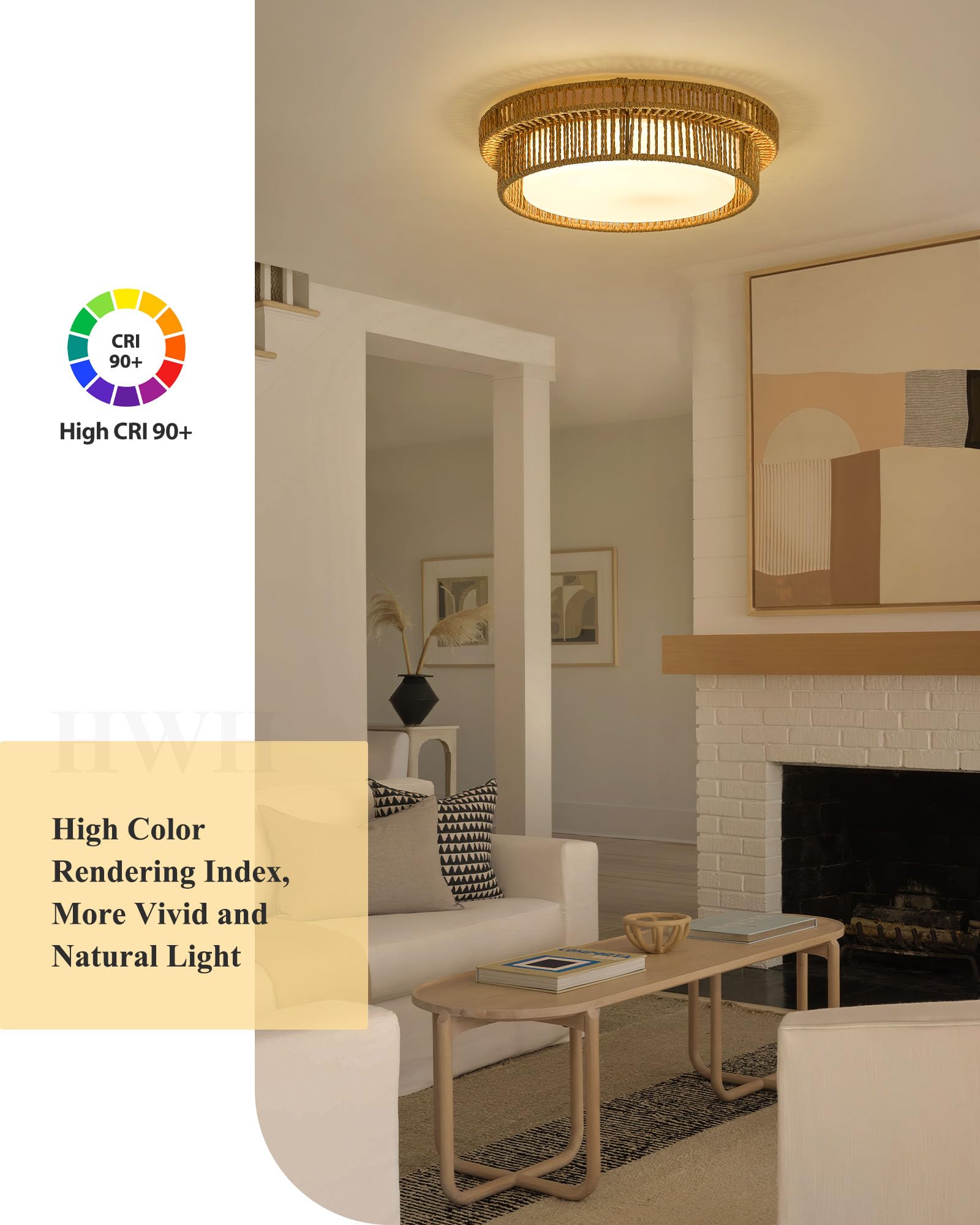 HWH INVESTMENT Boho Ceiling Light Fixture, 18in  Rattan, Remote Control, 36W LED, Beige, Model 5HYS78LF-LED