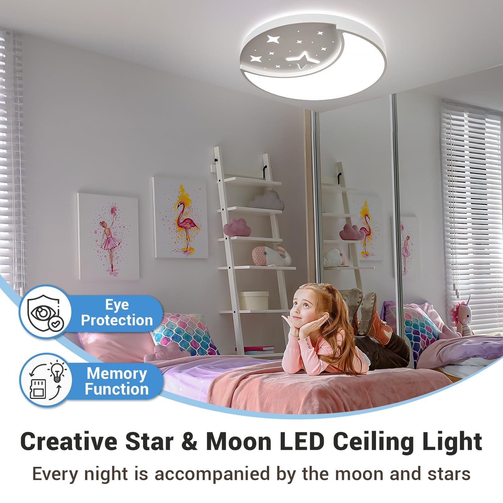 Fayotat 12 Inch Flush Mount Ceiling Light, Modern Moon & Star Ceiling Light Fixture, 3 Color Temperature Led Bedroom Lighting Fo