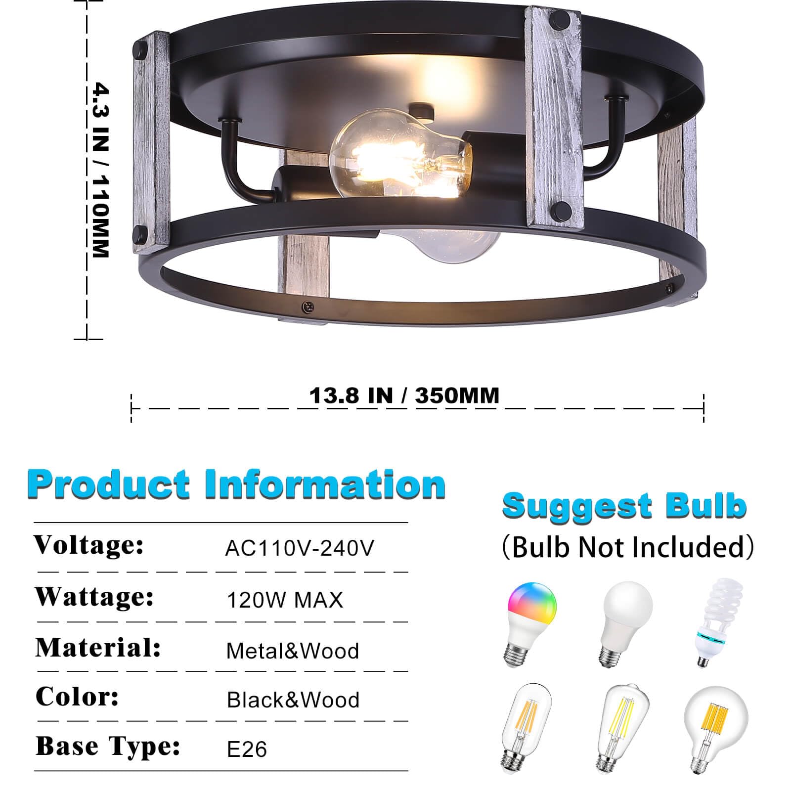 FEHEED 2 Pack Flush Mount Ceiling Light,Farmhouse Light Fixture, Ceiling Lights Painted Anti-Corrosive Black for Hallway,Entranc