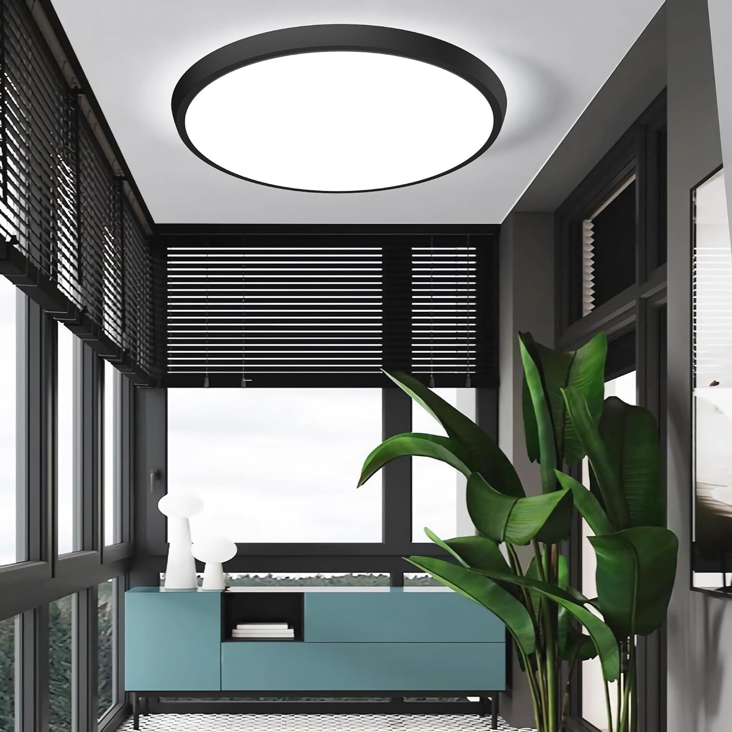 DODOPEN 12 Inch Flush Mount LED Ceiling Light Fixture, 3000K/4500K/6500K Selectable, Round Black, Model DO987, Plastic Material