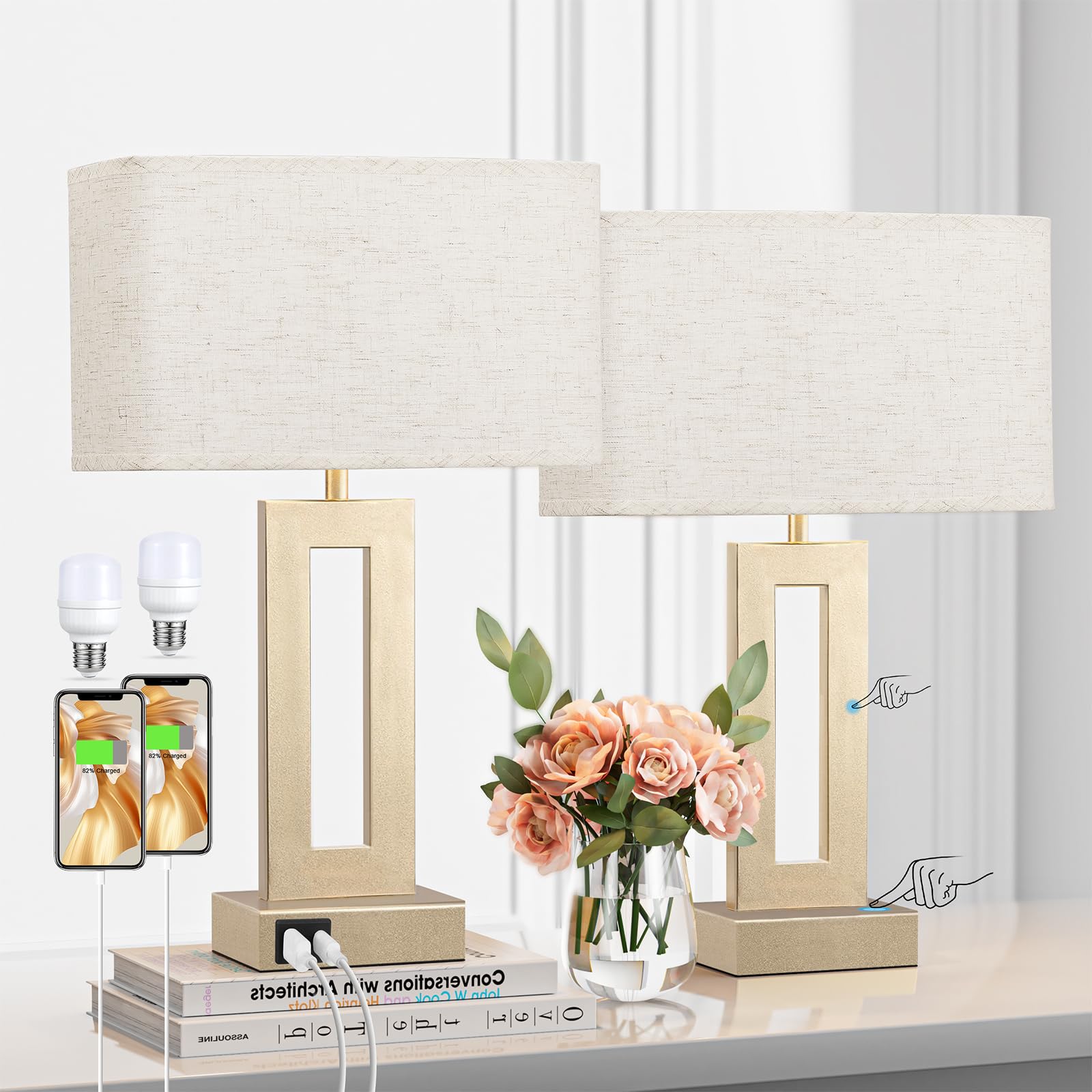 Bedroom Table Lamps Set of 2 - Beige Gold Touch Bedside Lamps with USB C+A, 3 Way Dimmable Gold Lamp for Nightstand, Modern Nigh
