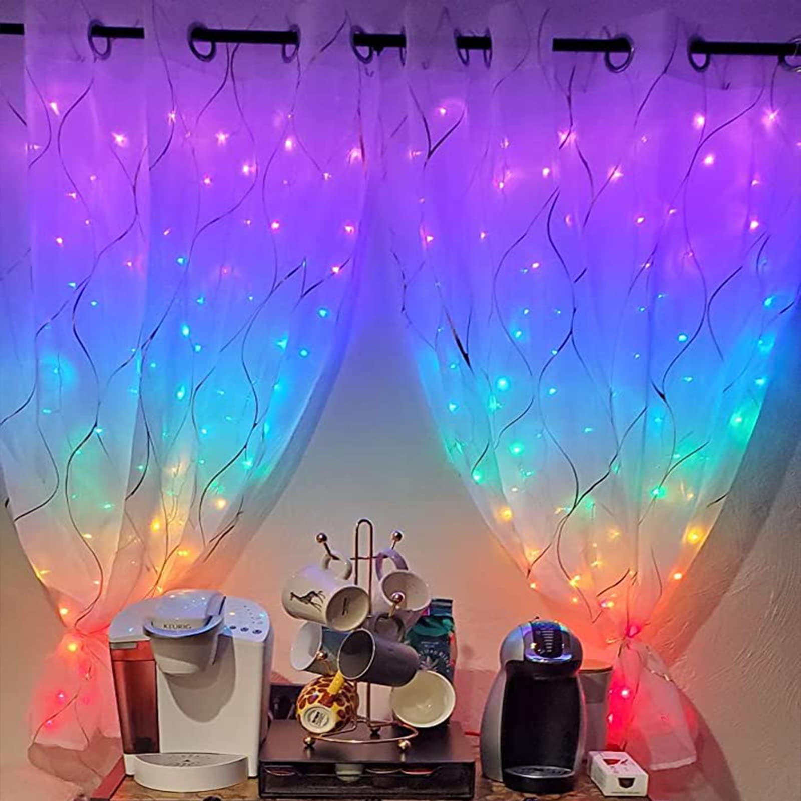 Honche 300 LED Cuttable Curtain String Lights 10x10ft with Remote - Rainbow 7 Colors, Ideal for Bedroom, Wedding, Party, Festive Season