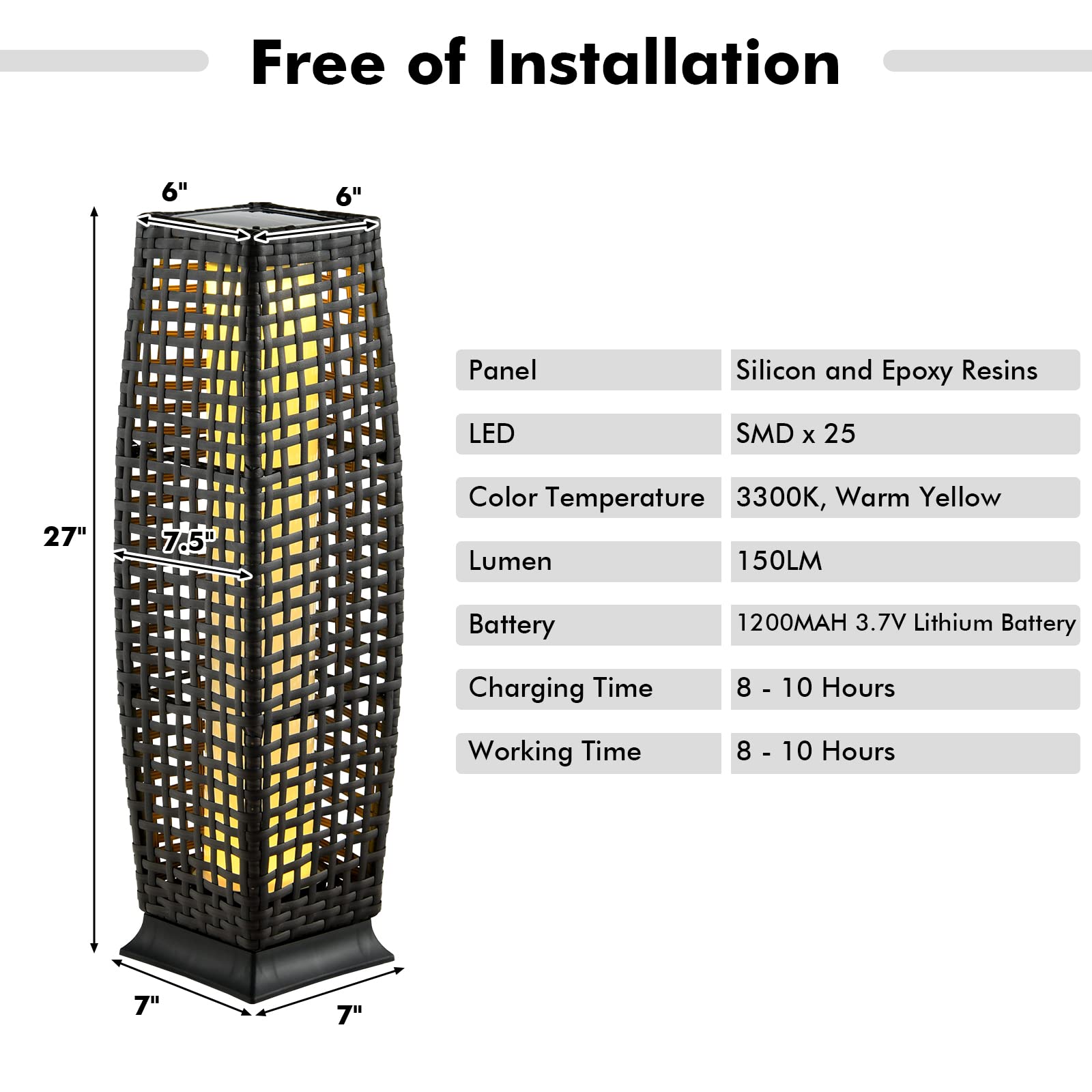 Tangkula 2-Piece Outdoor Solar Floor Lamps, IP65 Waterproof, 27” H, Black, Model TA-10519, Wicker Decorative Lanterns for Garden Patio