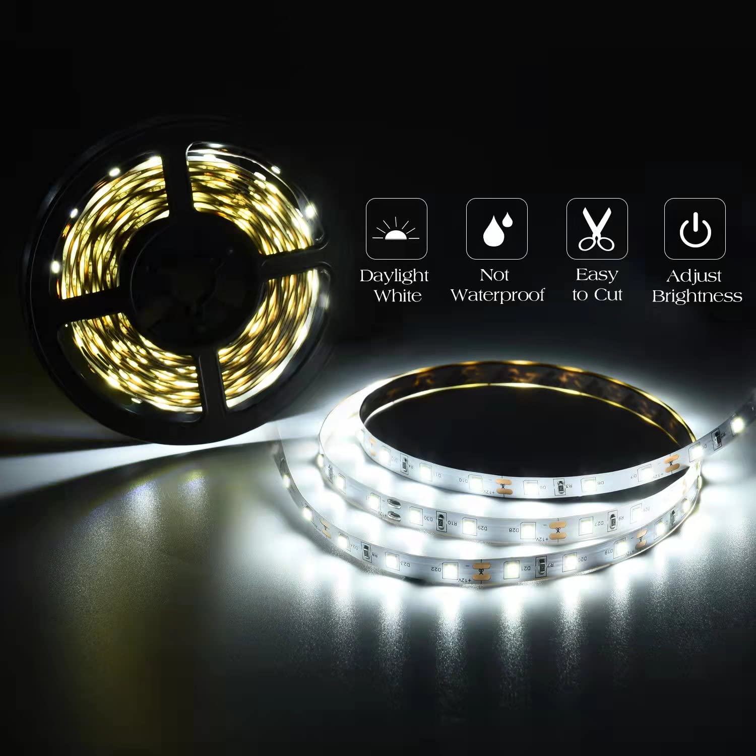 Junwen 40Ft White Led Strip Lights, Flexible Smd2835 Led Ribbon Lights 12V Dimmable Strip Lighting Plug In Indoor Led Tape Light Cuttable Led Strip Lights For Bedroom Christmas Kitchen Cabinet Mirror