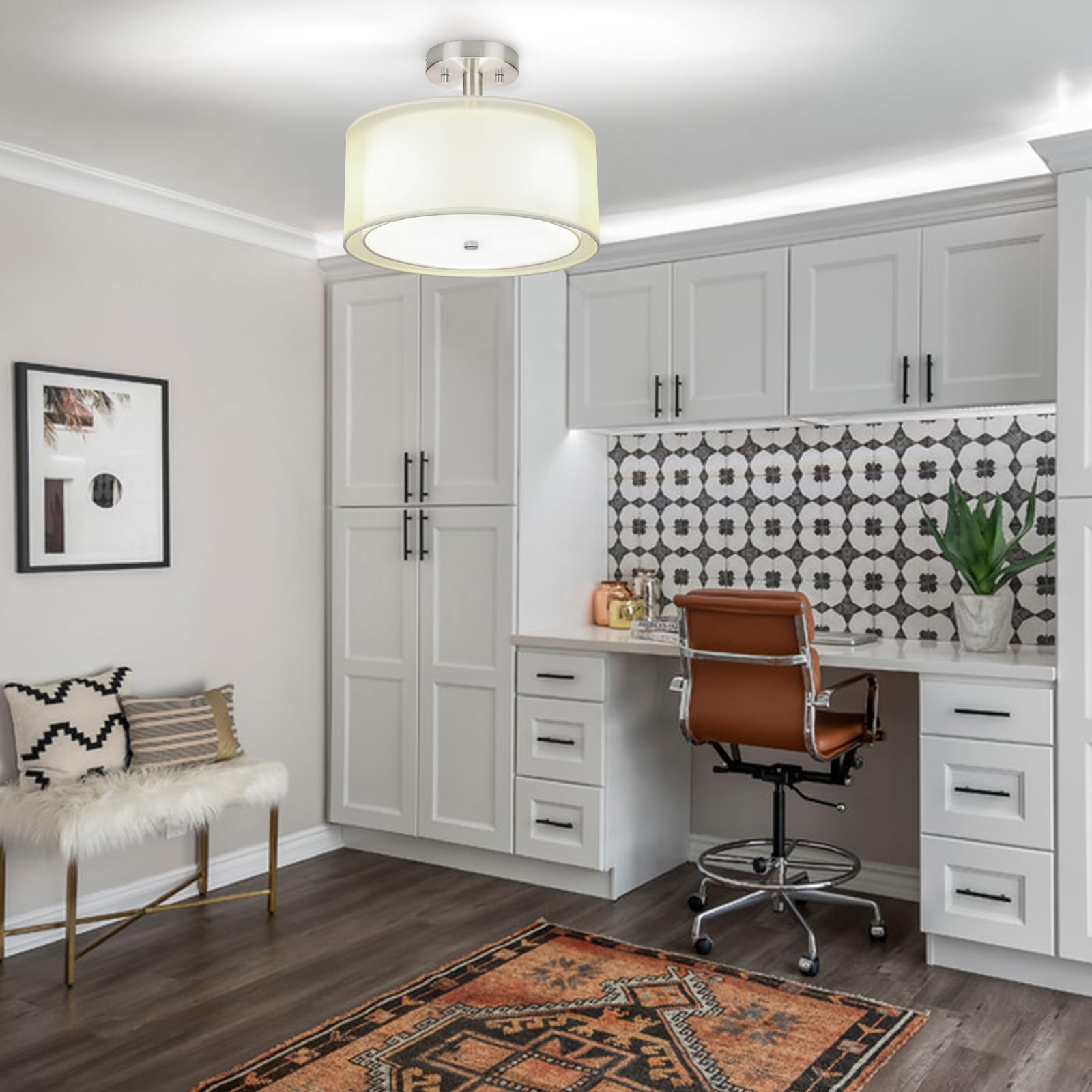 Folksmate Semi Flush Mount Ceiling Light Fixture, Gold 3-Light Drum Light With Double Fabric Shade, Modern Close To Ceiling Lamp