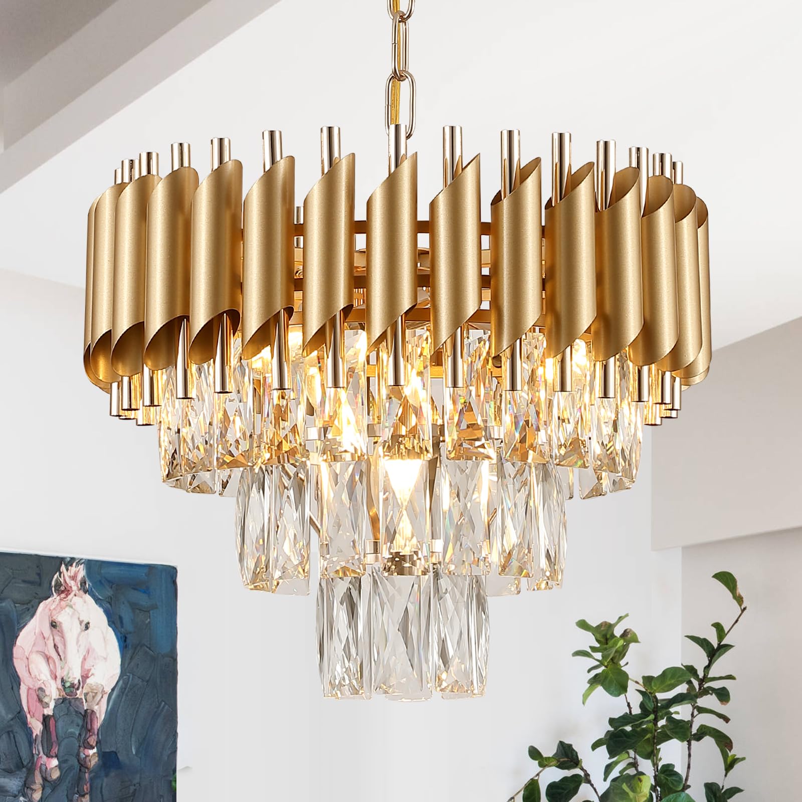 Axilixi Gold Crystal Chandeliers 16Modern Ceiling Pendant Light Fixture For Dining Room 3 Tiers Dimmable Round Flush Mount Chand