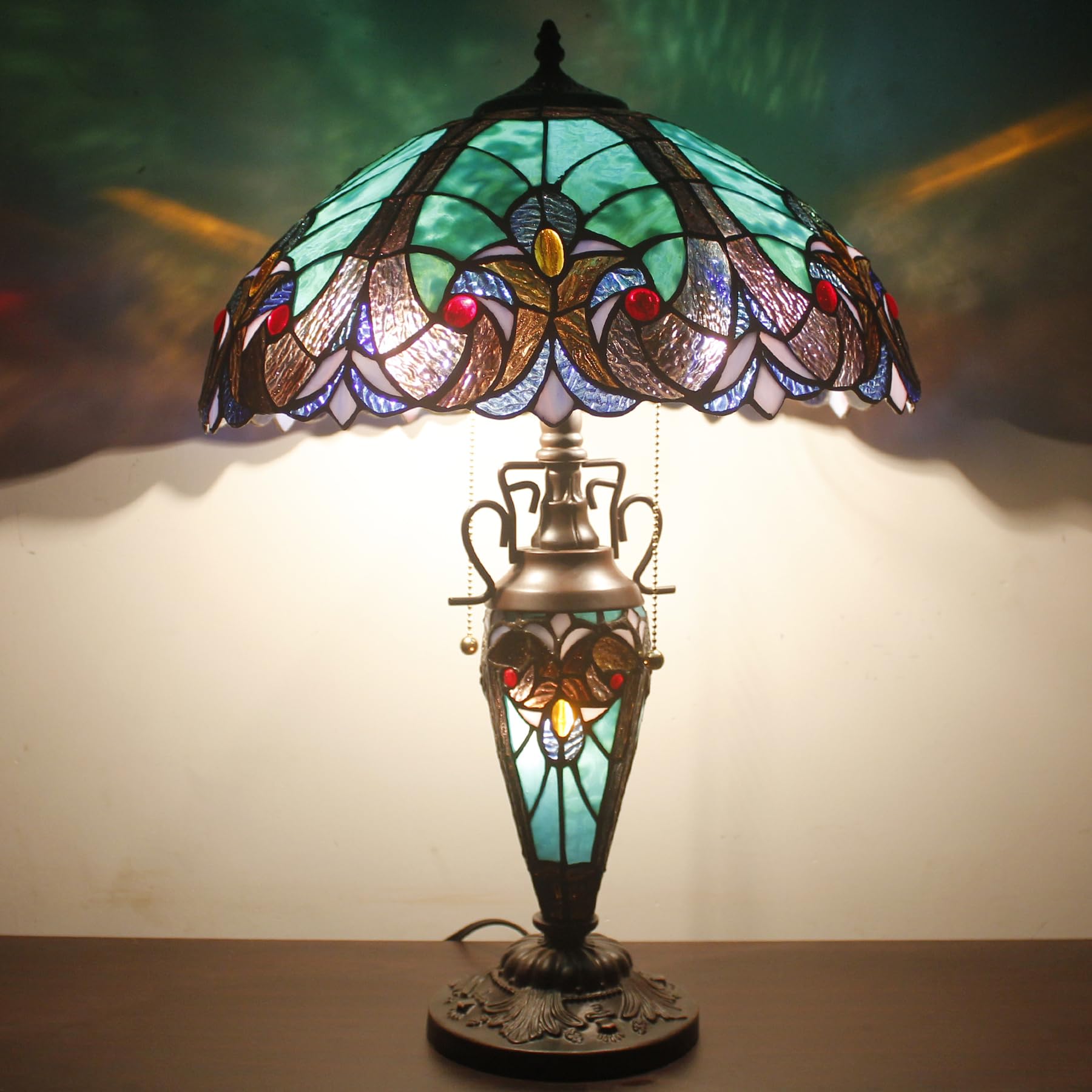 Werfactory Tiffany Style Table Lamp Green Stained Glass Liaison Mother-Daughter Vase Lamp 16X16X24 Inches Desk Reading Light Dec