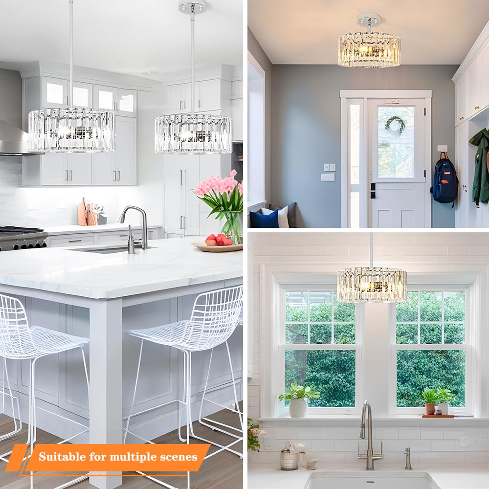 Modern Crystal Chandelier For Dining Room  Chrome Semi Flush Mount Ceiling Light Fixtures  Round Kitchen Hanging Drum Pendant Lights Ceiling  12?Crystal Pendant Lighting For Foyer Bedroom Living Room