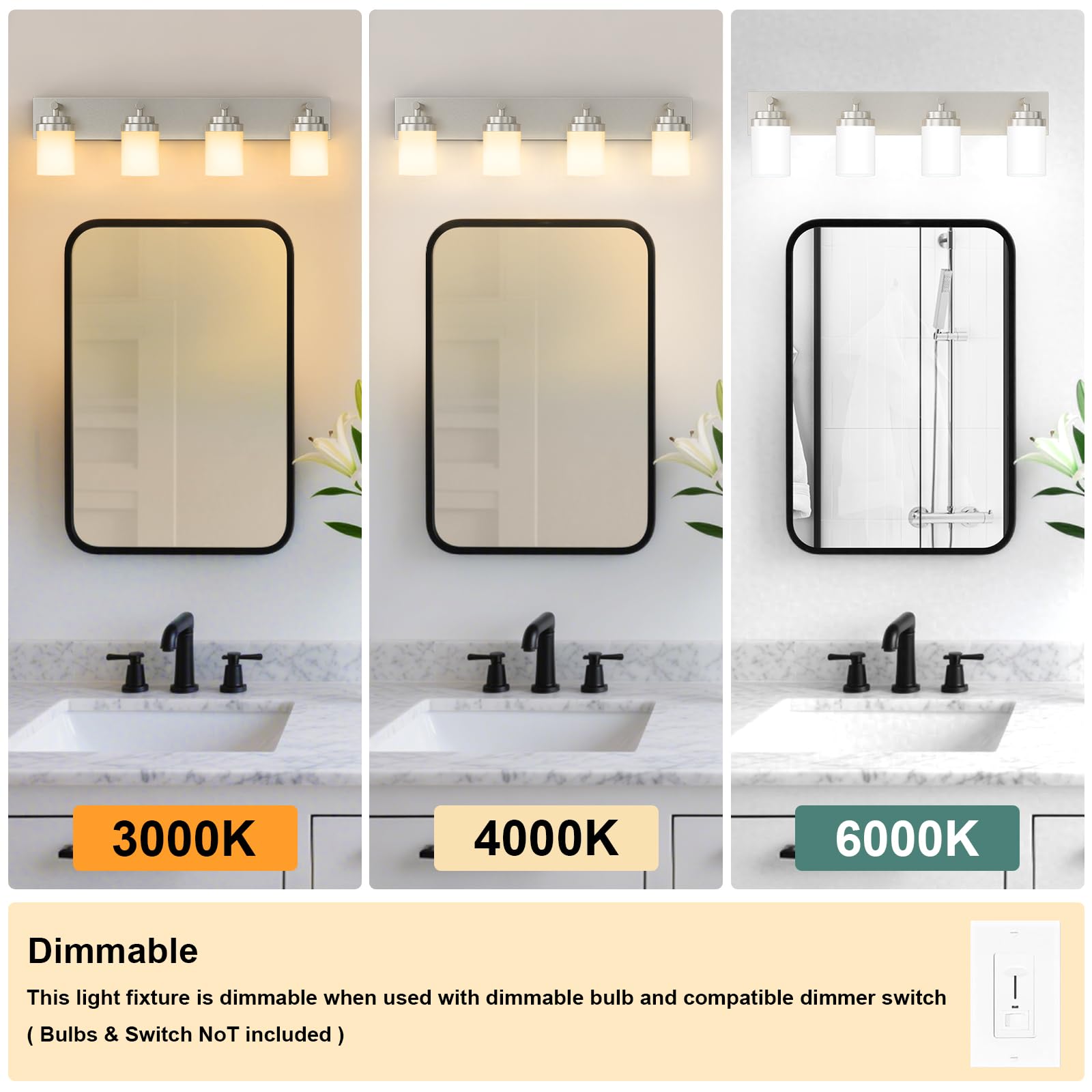 IZORRO 4-Light Bathroom Vanity Light Fixture, Brushed Nickel with White Glass Shade, Modern Farmhouse Design, Model HL101-4T-Ni-WT