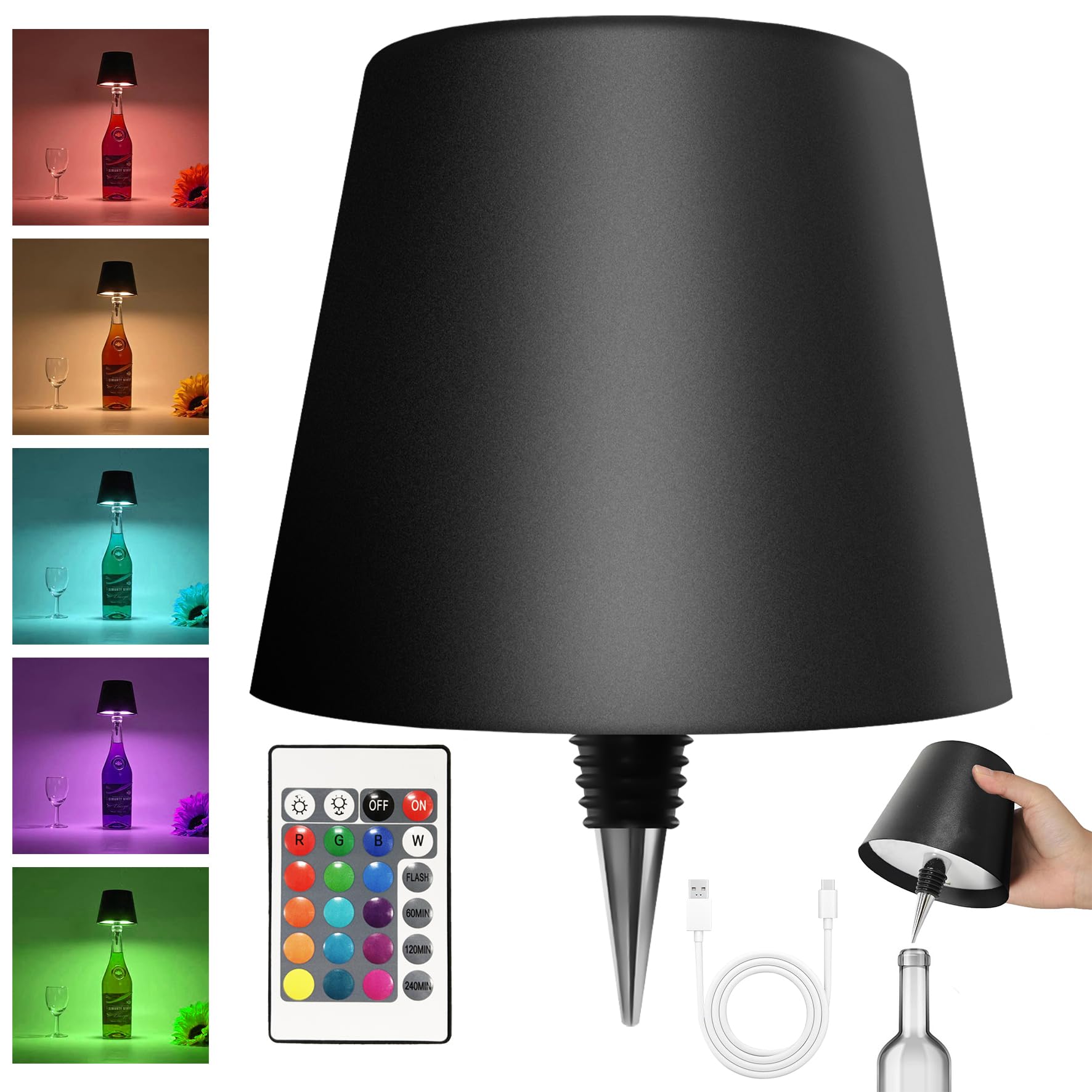 Hoide Wireless Bottle Lamp - LED Night Light Kit, Rechargeable RGB, 5.7in, Plastic, RGB Black
